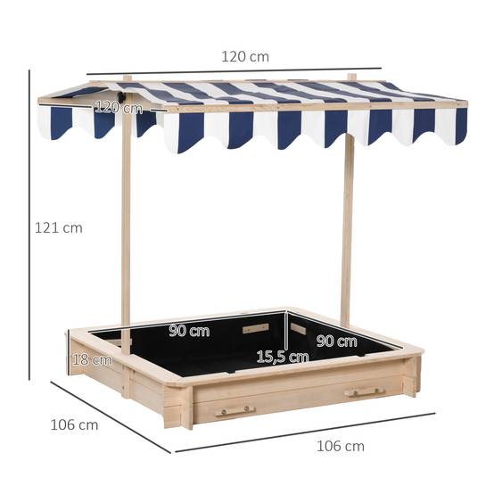 Bac à sable carré en bois pour enfants dim. 106L x 106l cm avec bancs et couvercle - auvent réglable - Image 5