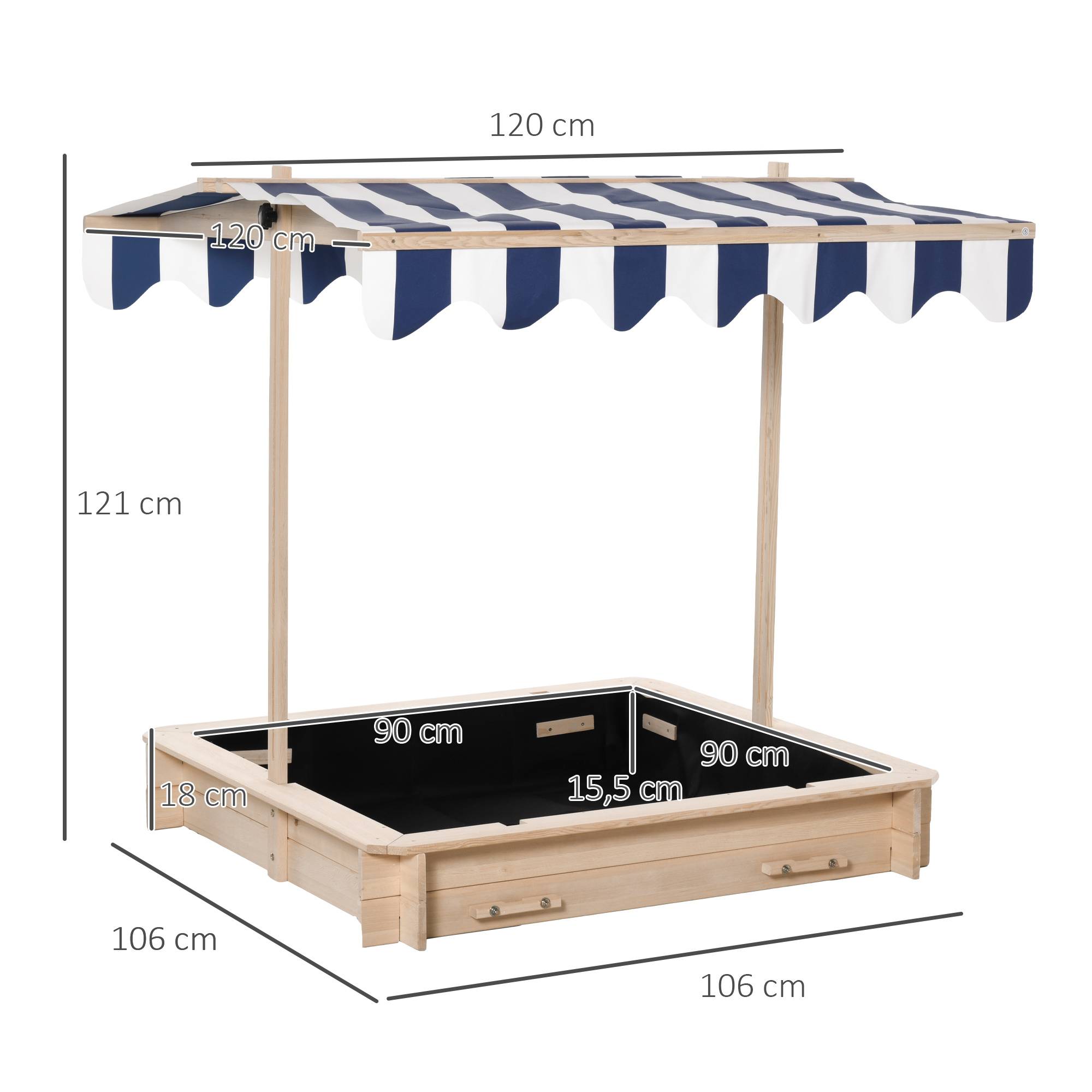 Bac à sable carré en bois pour enfants dim. 106L x 106l cm avec bancs et couvercle - auvent réglable - Image 5