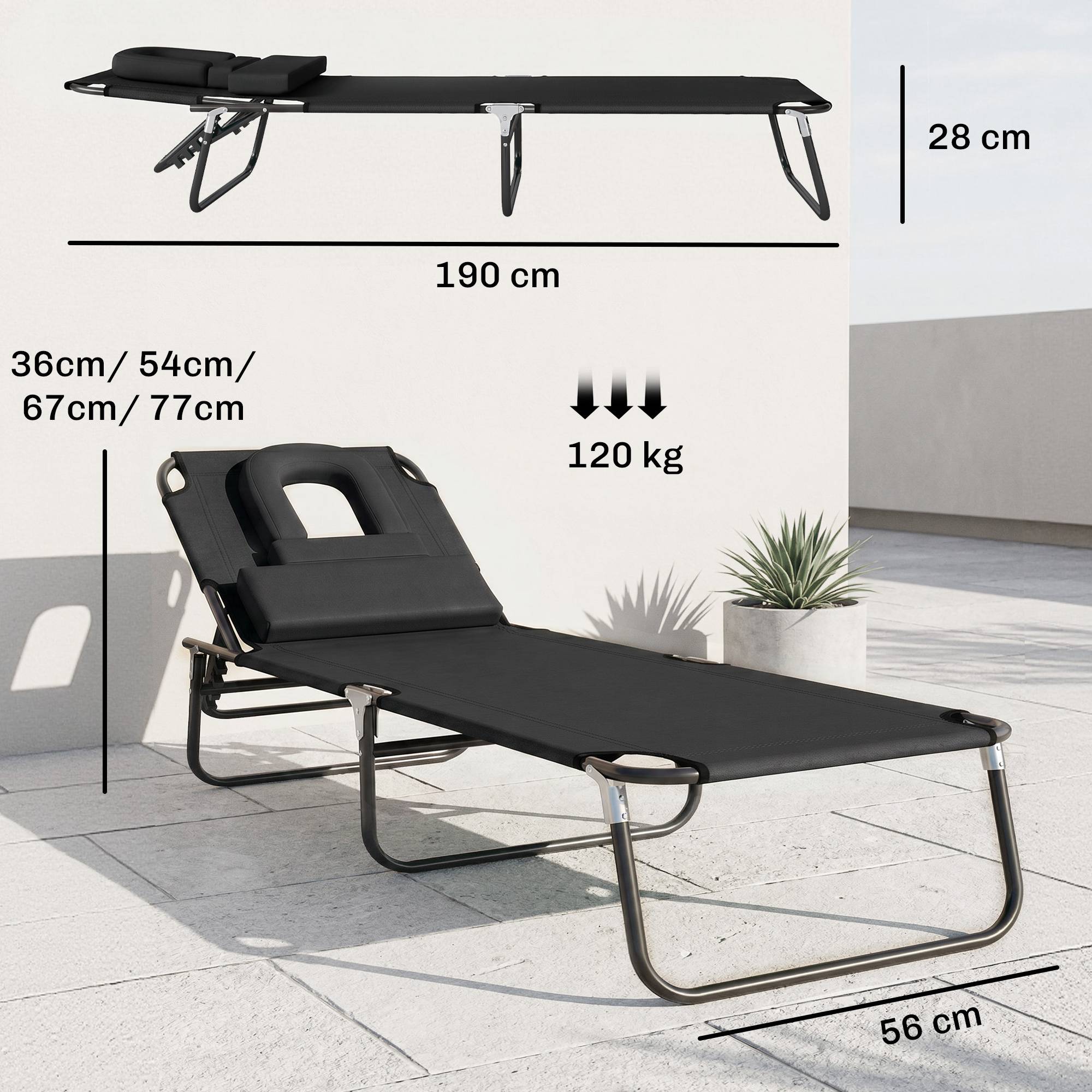Sans Marque - Transat de Jardin Chaise Longue Pliante Bain de Soleil pour Lecture Noir - Image 5