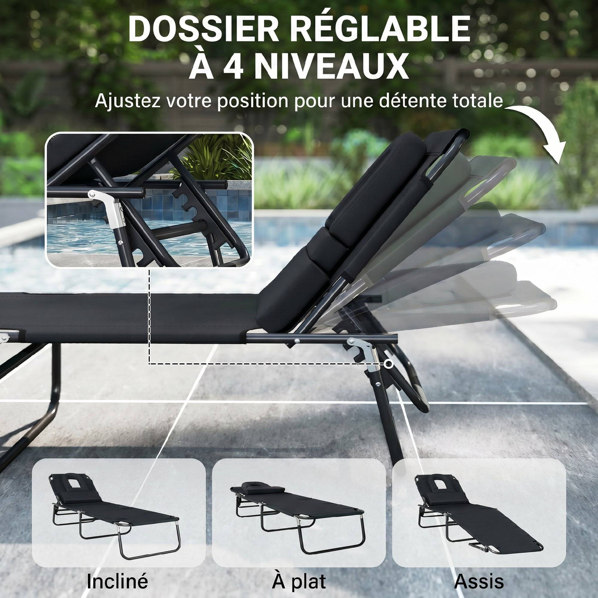 Sans Marque - Transat de Jardin Chaise Longue Pliante Bain de Soleil pour Lecture Noir - Image 7