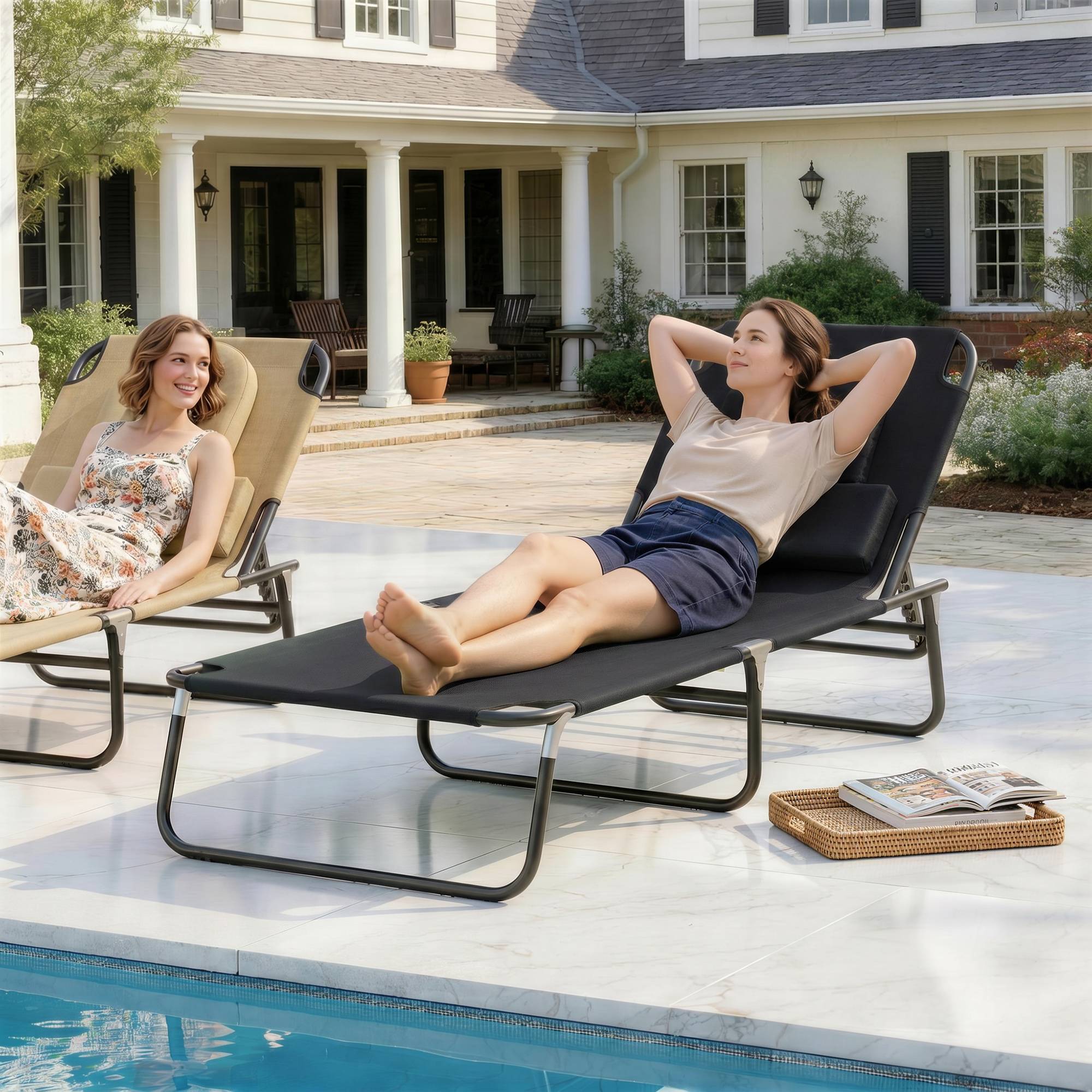 Sans Marque - Transat de Jardin Chaise Longue Pliante Bain de Soleil pour Lecture Noir - Image 4