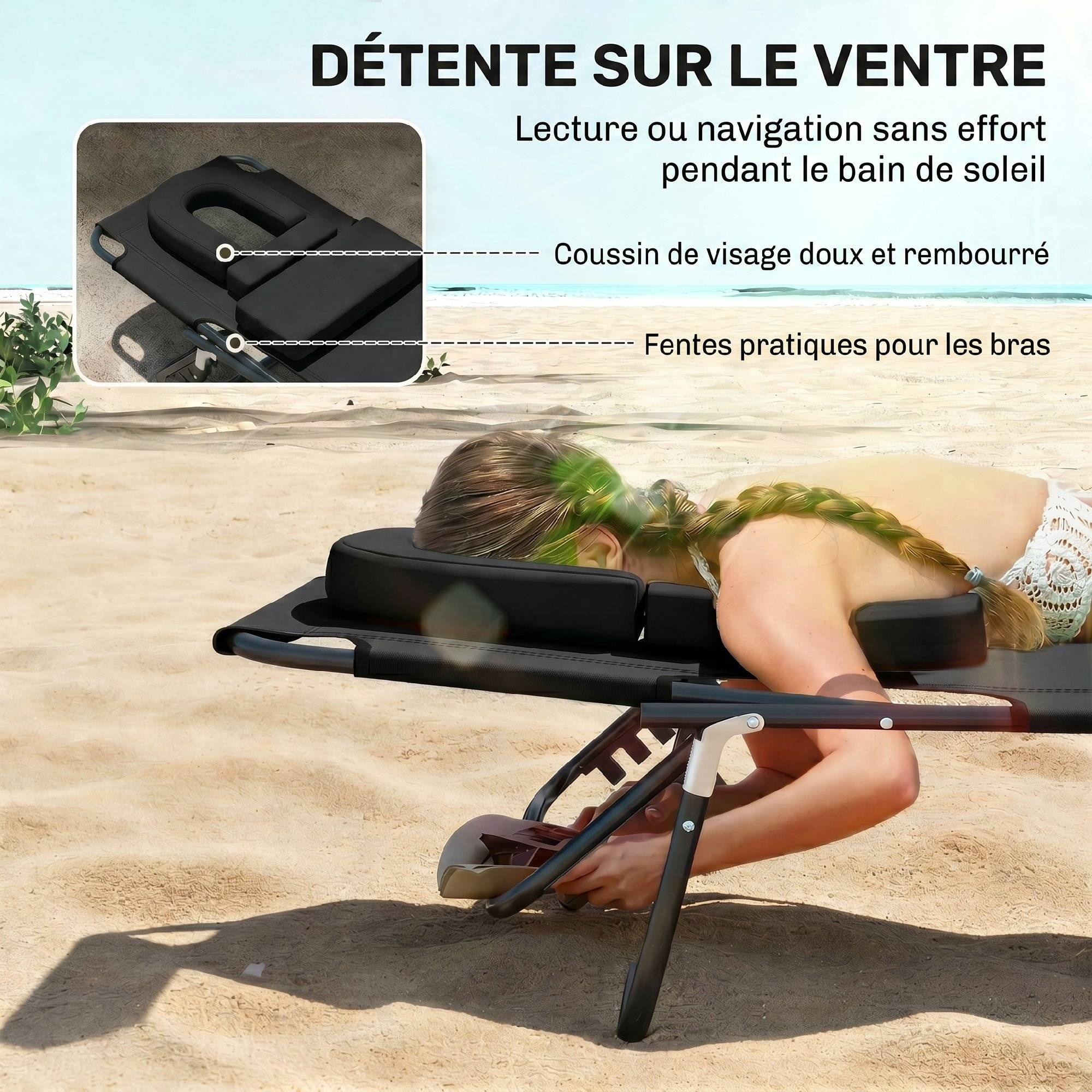 Sans Marque - Transat de Jardin Chaise Longue Pliante Bain de Soleil pour Lecture Noir - Image 6