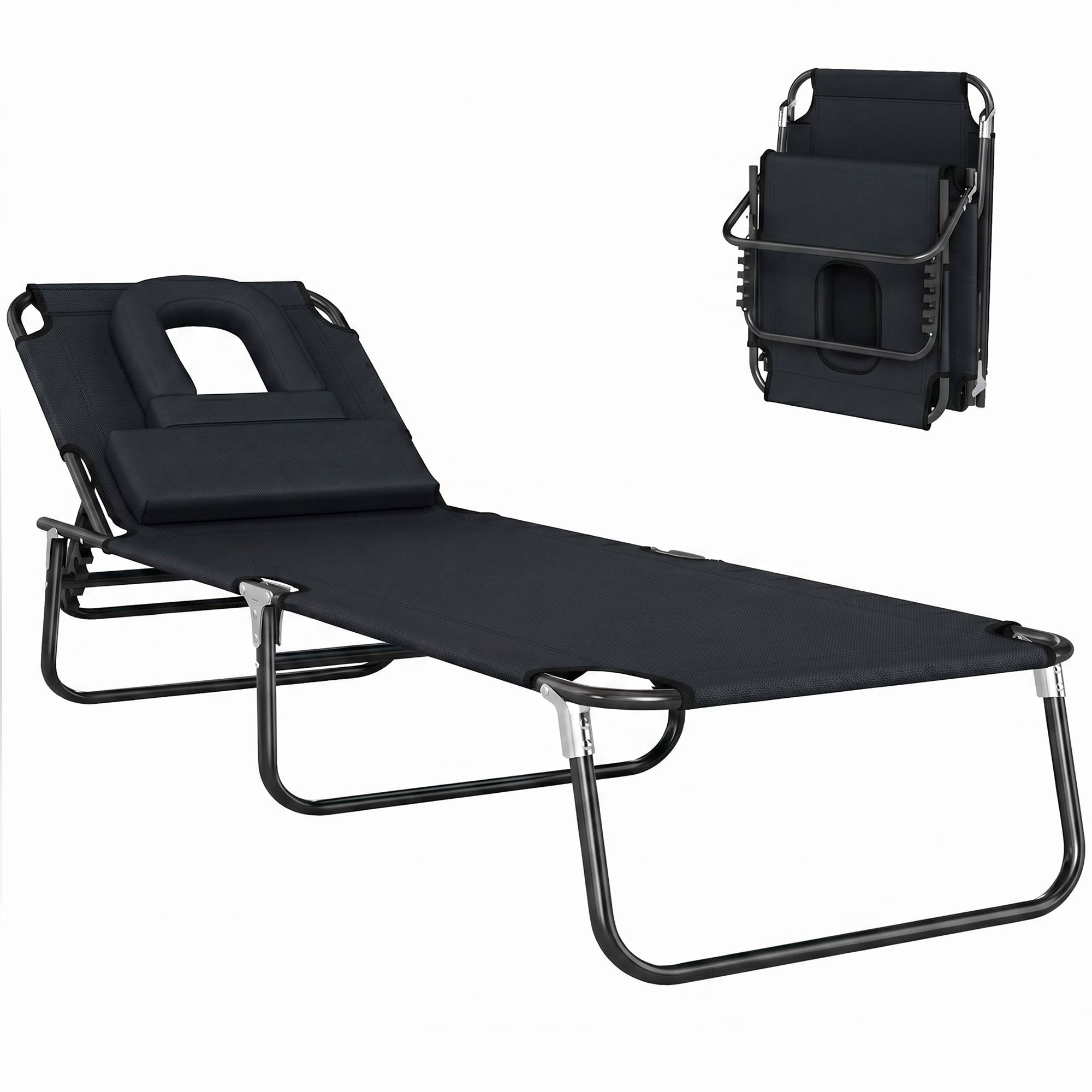 Sans Marque - Transat de Jardin Chaise Longue Pliante Bain de Soleil pour Lecture Noir - Image 1