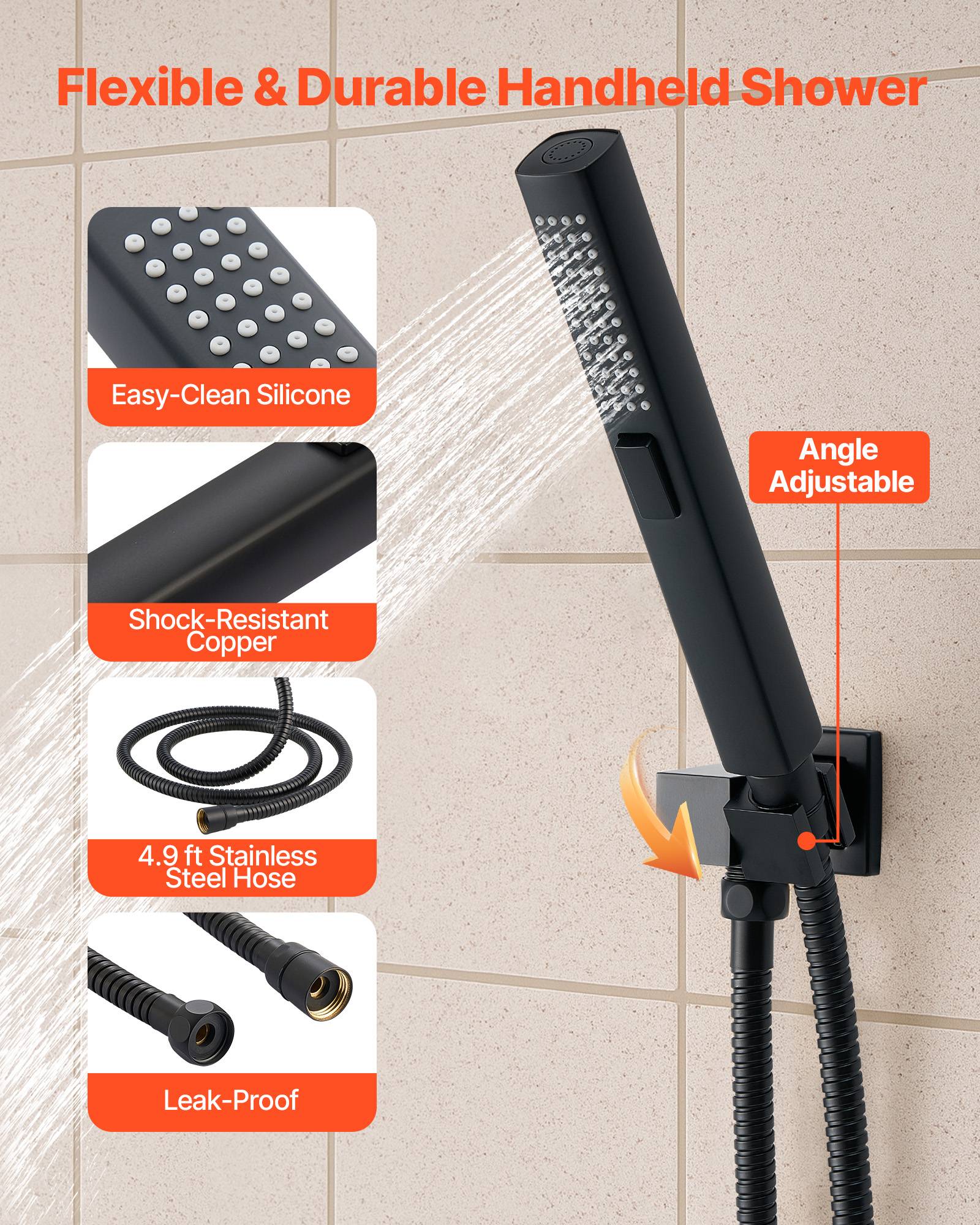 Vevor - VEVOR Système de Douche 3 Douchettes Tête 25,4 cm Mural et à Main Noir Mat - Image 6