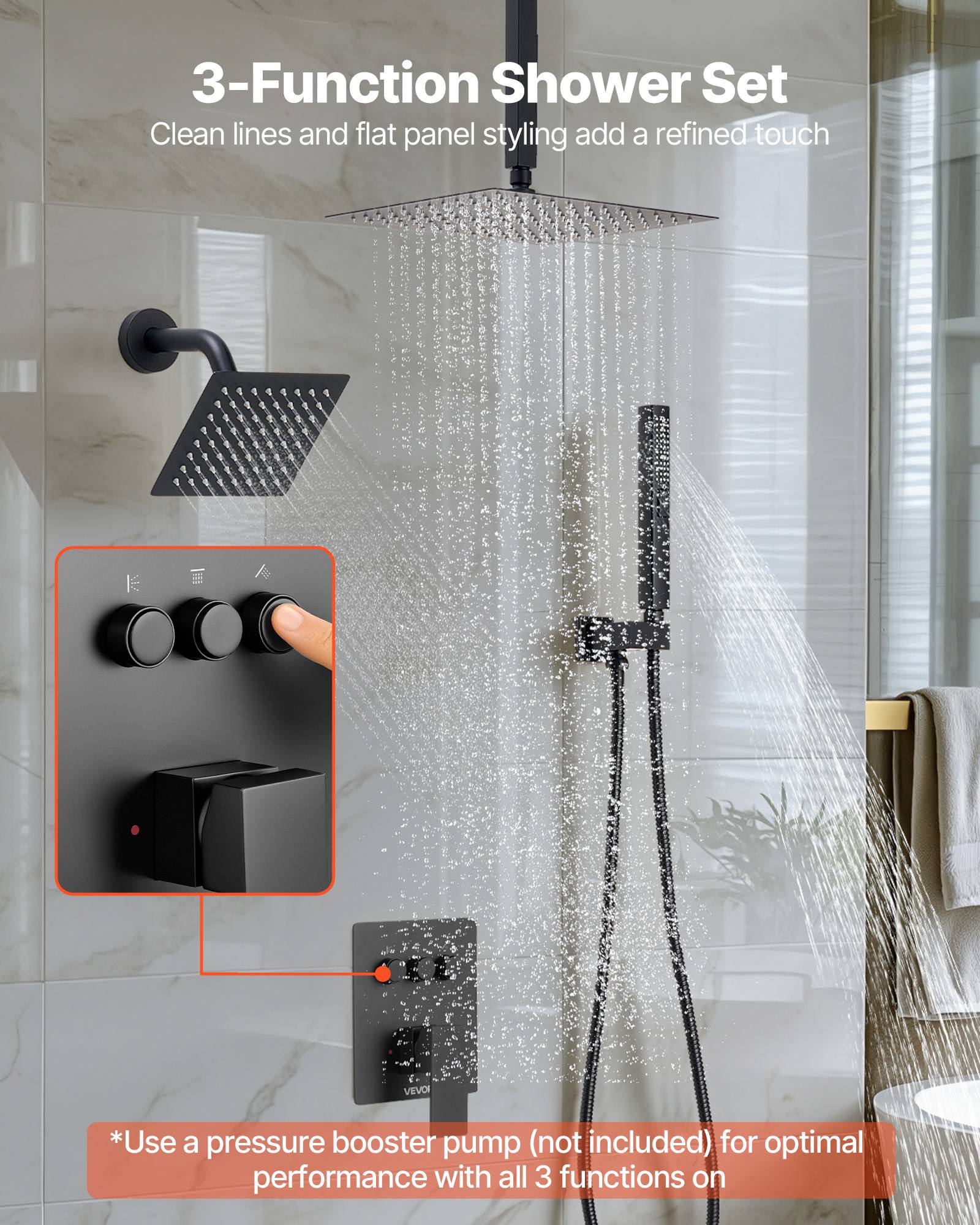 Vevor - VEVOR Système de Douche 3 Douchettes Tête 25,4 cm Mural et à Main Noir Mat - Image 2