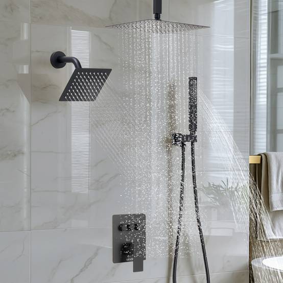 Vevor - VEVOR Système de Douche 3 Douchettes Tête 25,4 cm Mural et à Main Noir Mat - Image 8