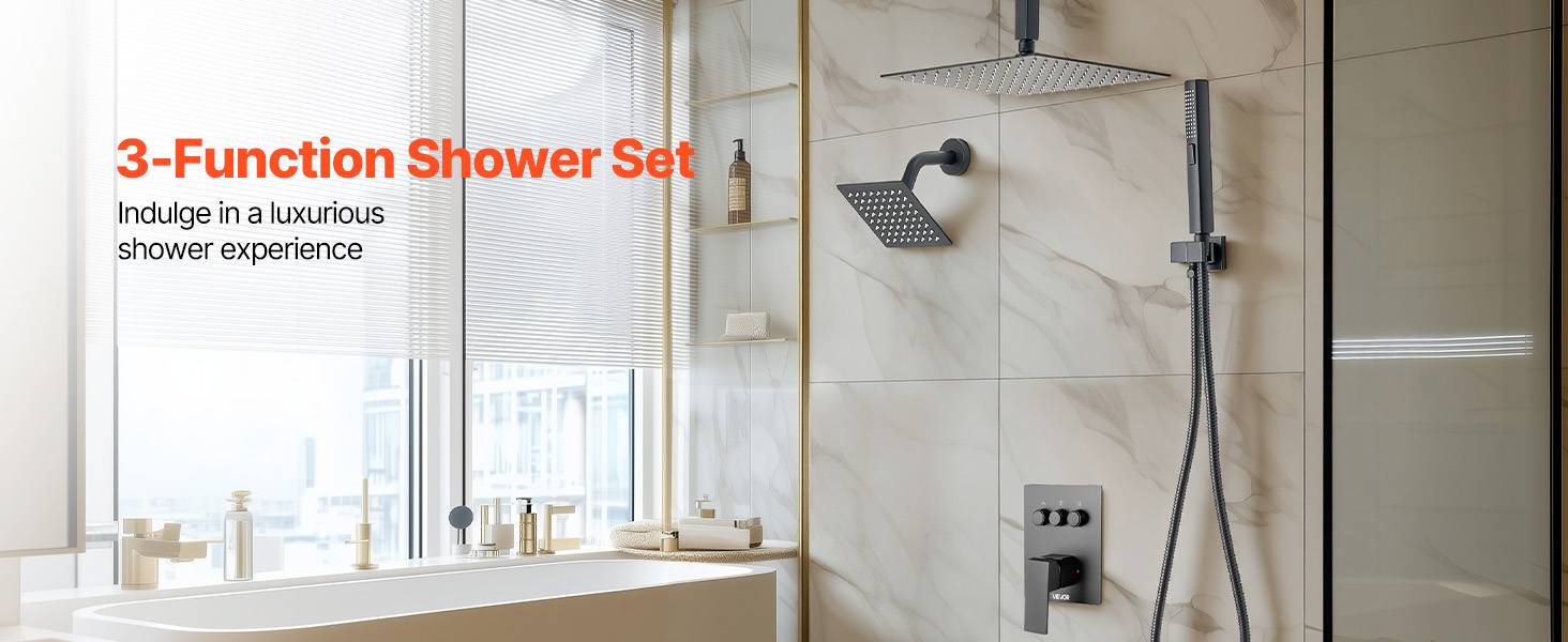 Vevor - VEVOR Système de Douche 3 Douchettes Tête 25,4 cm Mural et à Main Noir Mat - Image 9