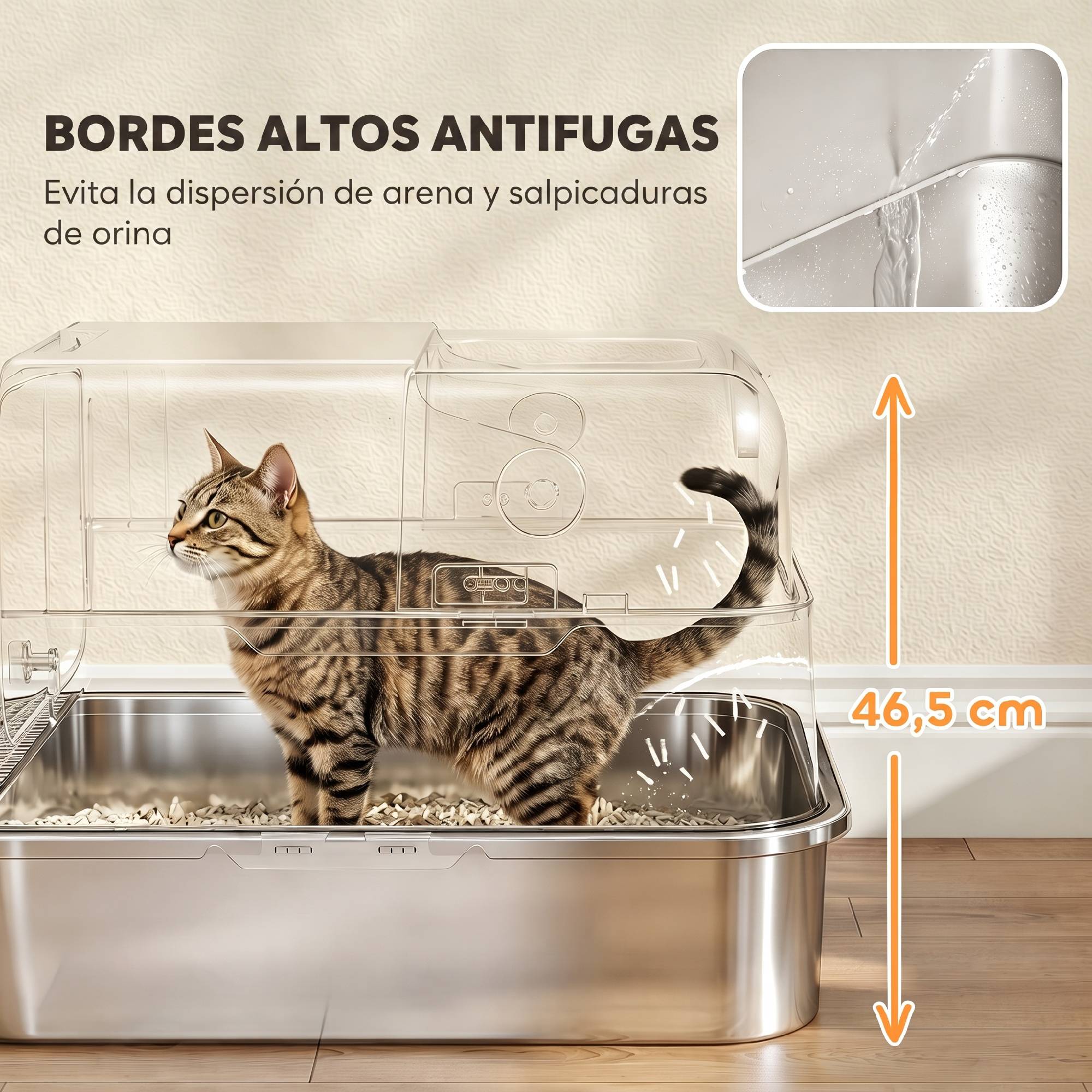 Litière chat acier inoxydable XXL couvercle rabattable côtés hauts entrée haute pelle gris - Image 7