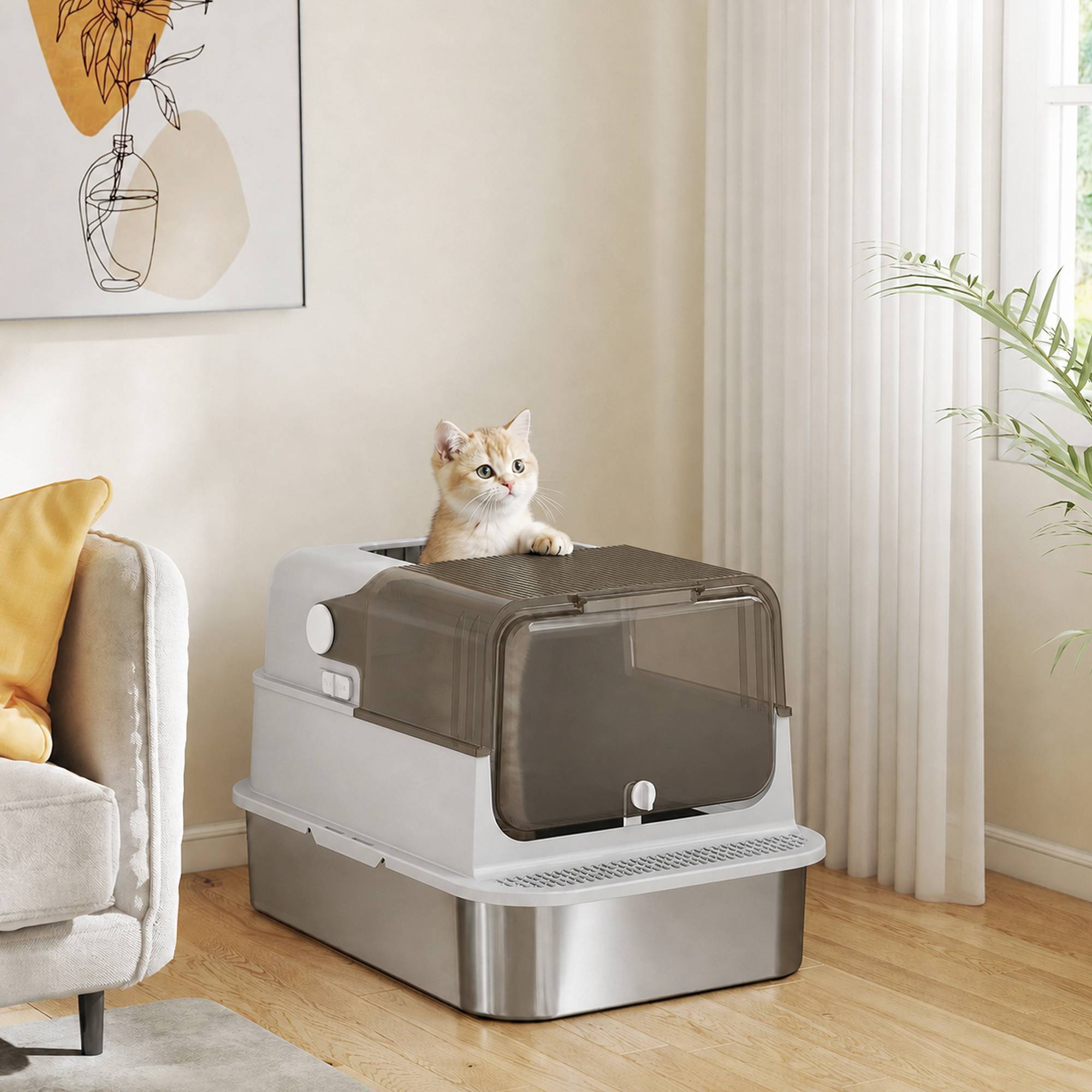 Litière chat acier inoxydable XXL couvercle rabattable côtés hauts entrée haute pelle gris - Image 10