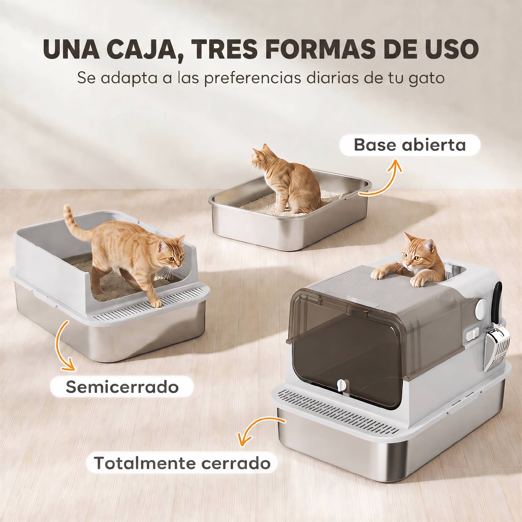 Litière chat acier inoxydable XXL couvercle rabattable côtés hauts entrée haute pelle gris - Image 8