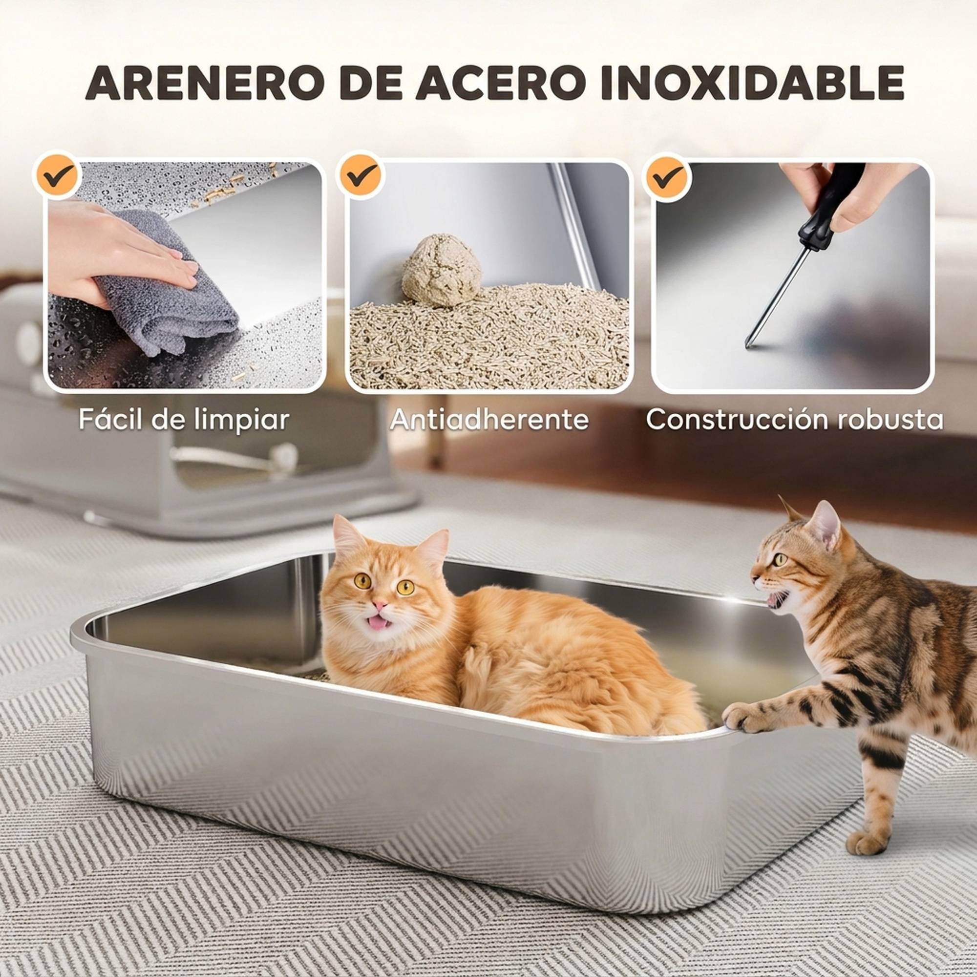Litière chat acier inoxydable XXL couvercle rabattable côtés hauts entrée haute pelle gris - Image 6
