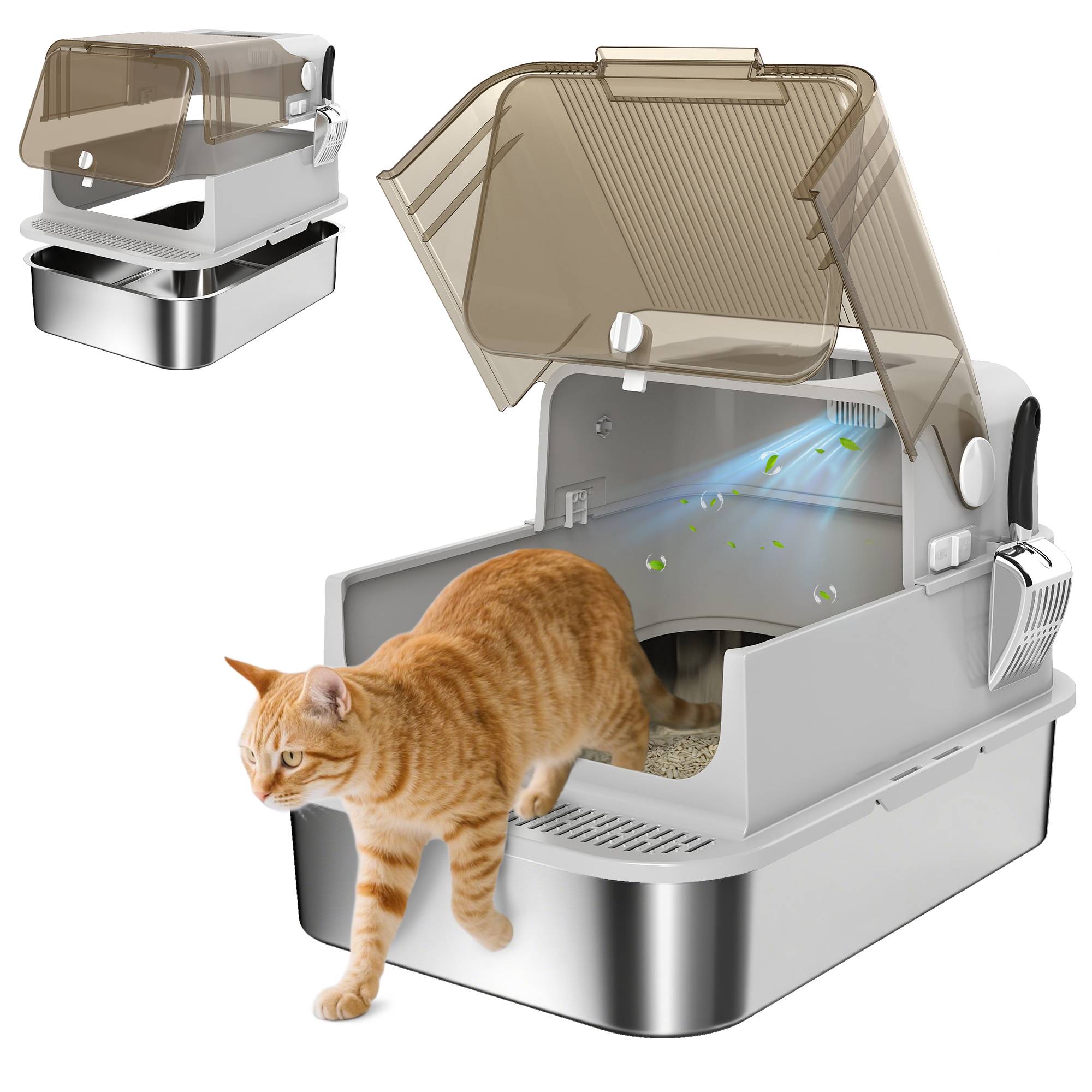 Litière chat acier inoxydable XXL couvercle rabattable côtés hauts entrée haute pelle gris - Image 1