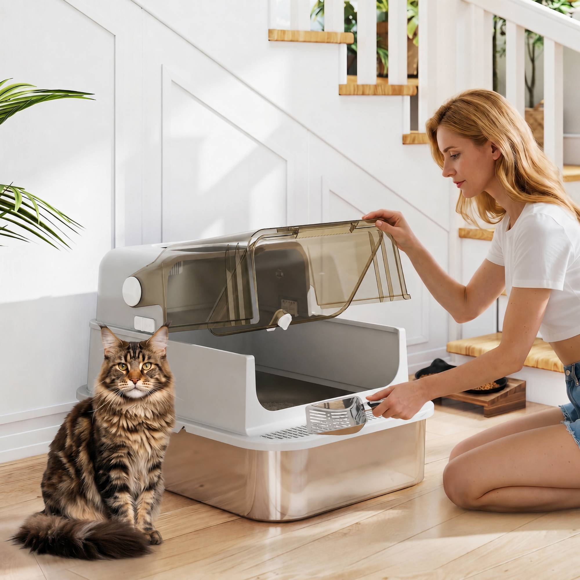 Litière chat acier inoxydable XXL couvercle rabattable côtés hauts entrée haute pelle gris - Image 3