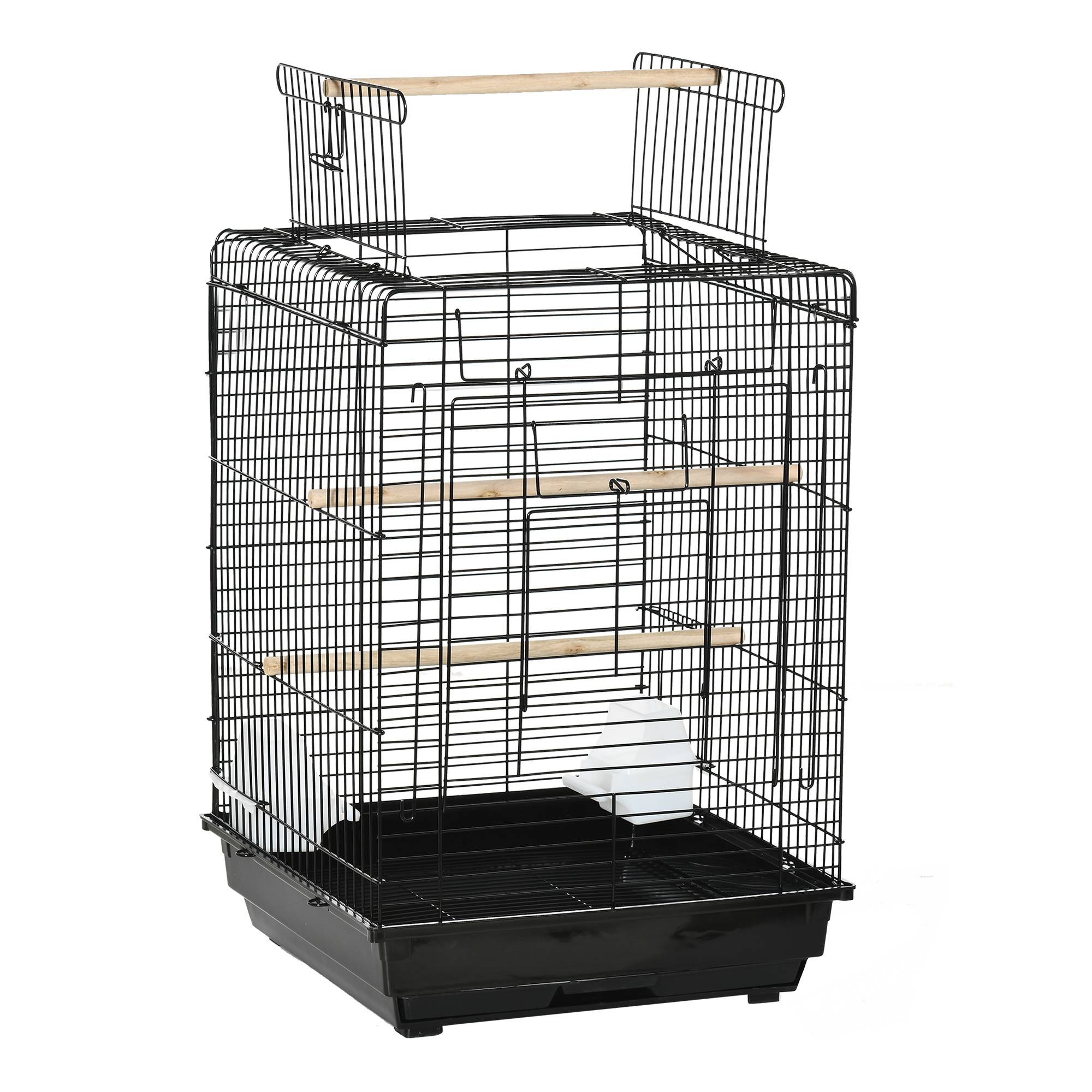 Pawhut - Cage à oiseaux 2 mangeoires 2 perchoirs toit ouvrant plateau excrément amovible poignée transport métal PS noir - Image 1