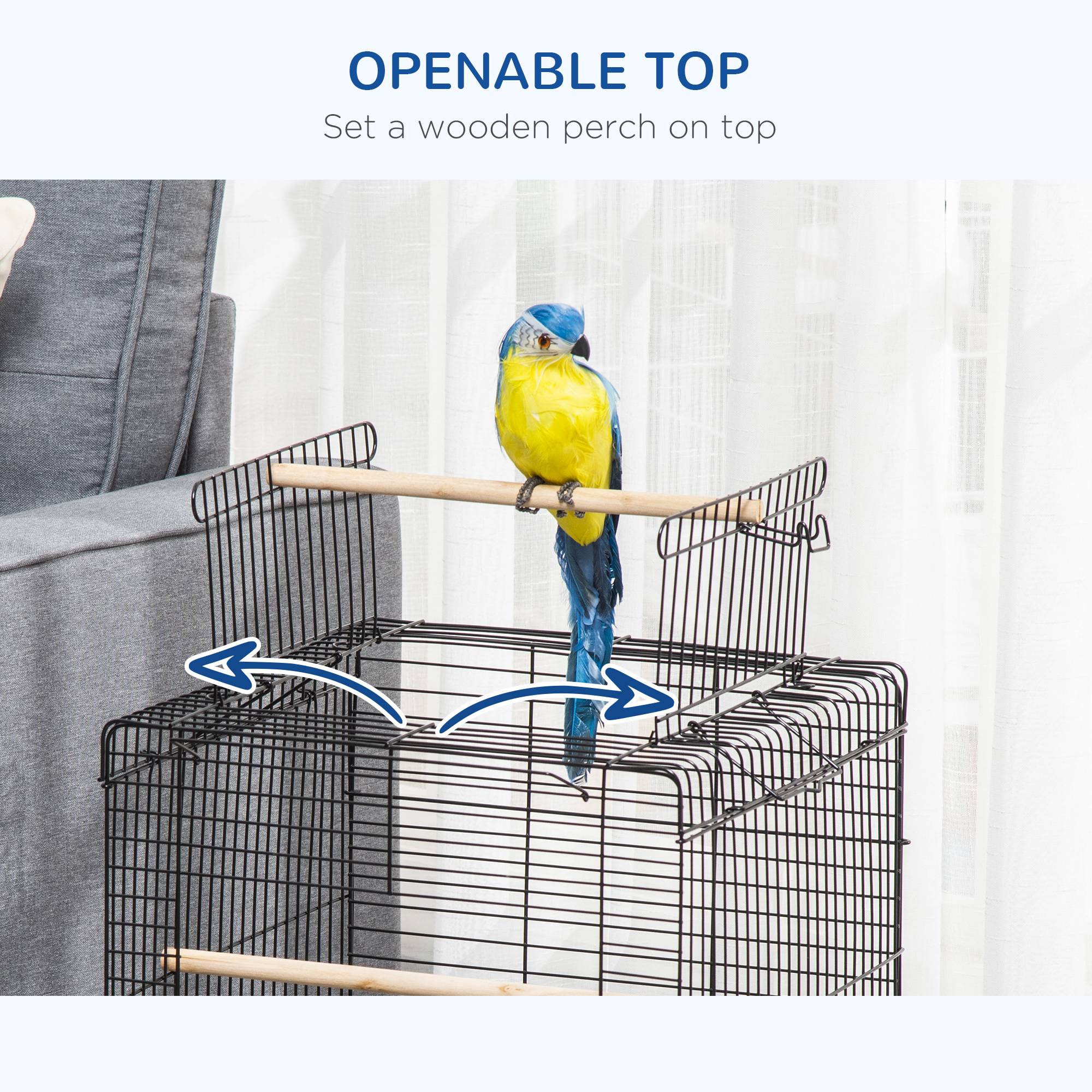 Pawhut - Cage à oiseaux 2 mangeoires 2 perchoirs toit ouvrant plateau excrément amovible poignée transport métal PS noir - Image 8