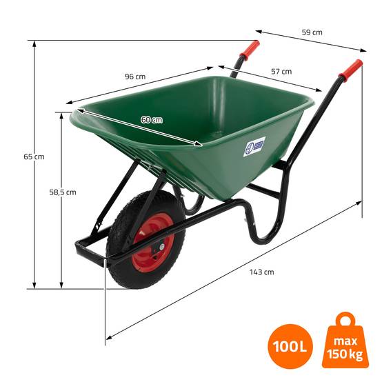 Brouette de chantier 100L benne PP vert pneus gonflables transport chariot 150kg - Image 6