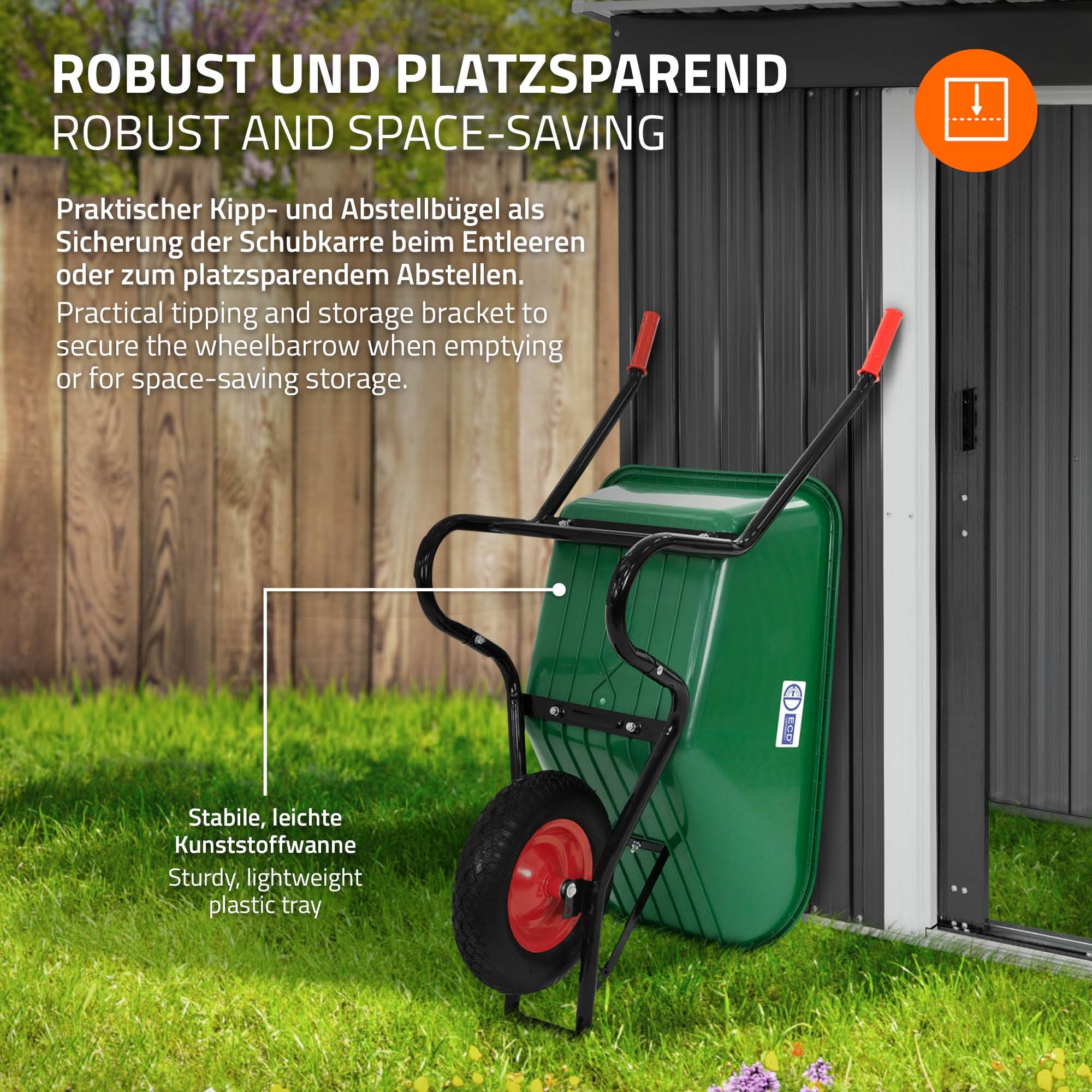 Brouette de chantier 100L benne PP vert pneus gonflables transport chariot 150kg - Image 4