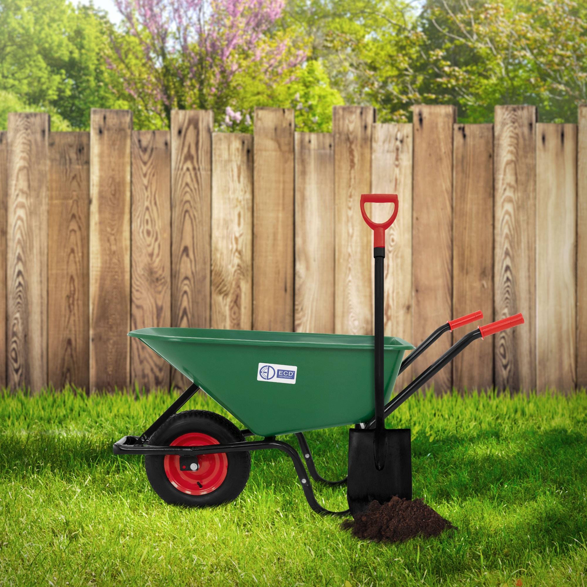 Brouette de chantier 100L benne PP vert pneus gonflables transport chariot 150kg - Image 8