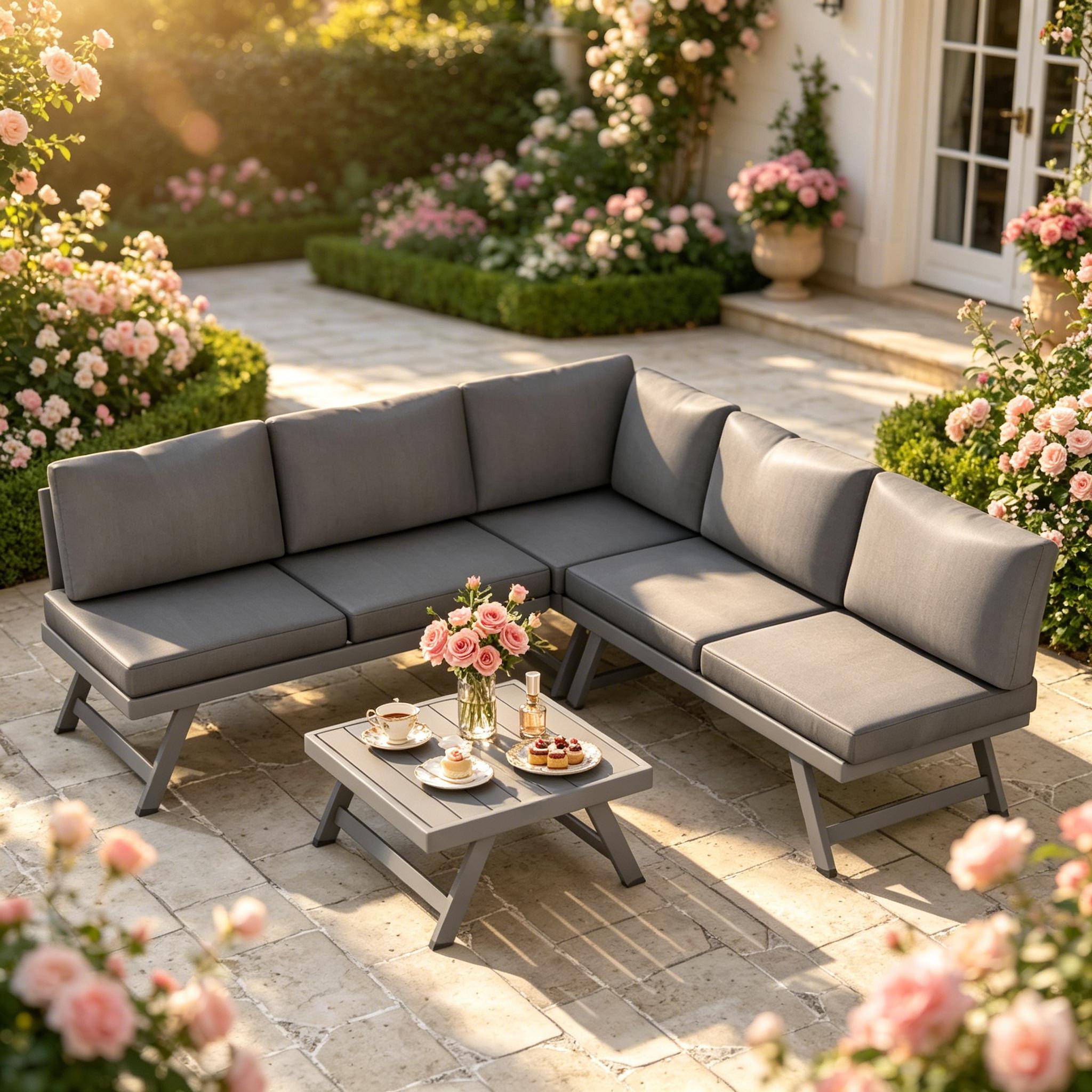 ComfortXL - Salon de jardin d’angle acier aluminium gris 5 places inclinable avec table basse - ComfortXL Outdoor Living