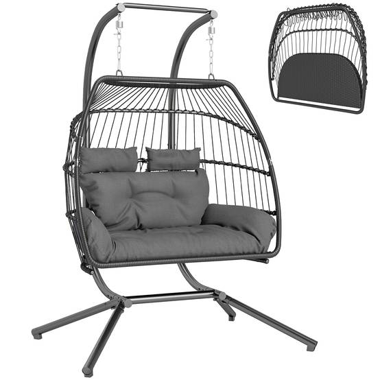 Fauteuil suspendu acier et résine tressée gris foncé 170 x 100 x 185 cm - PANGIVO - Image 1
