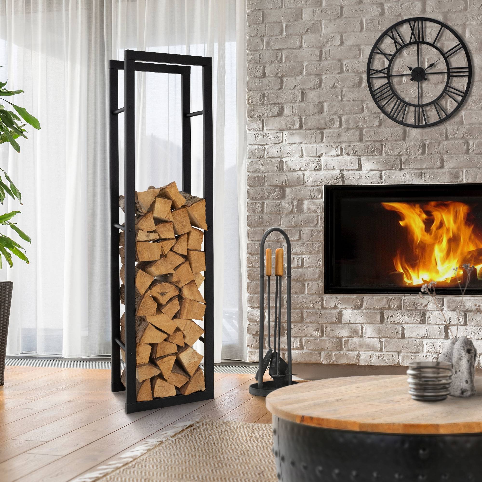 Ml-Design - Étagère à bois de chauffage porte-bûche de cheminée en acier noir 40x25x150 cm - Imagen 3