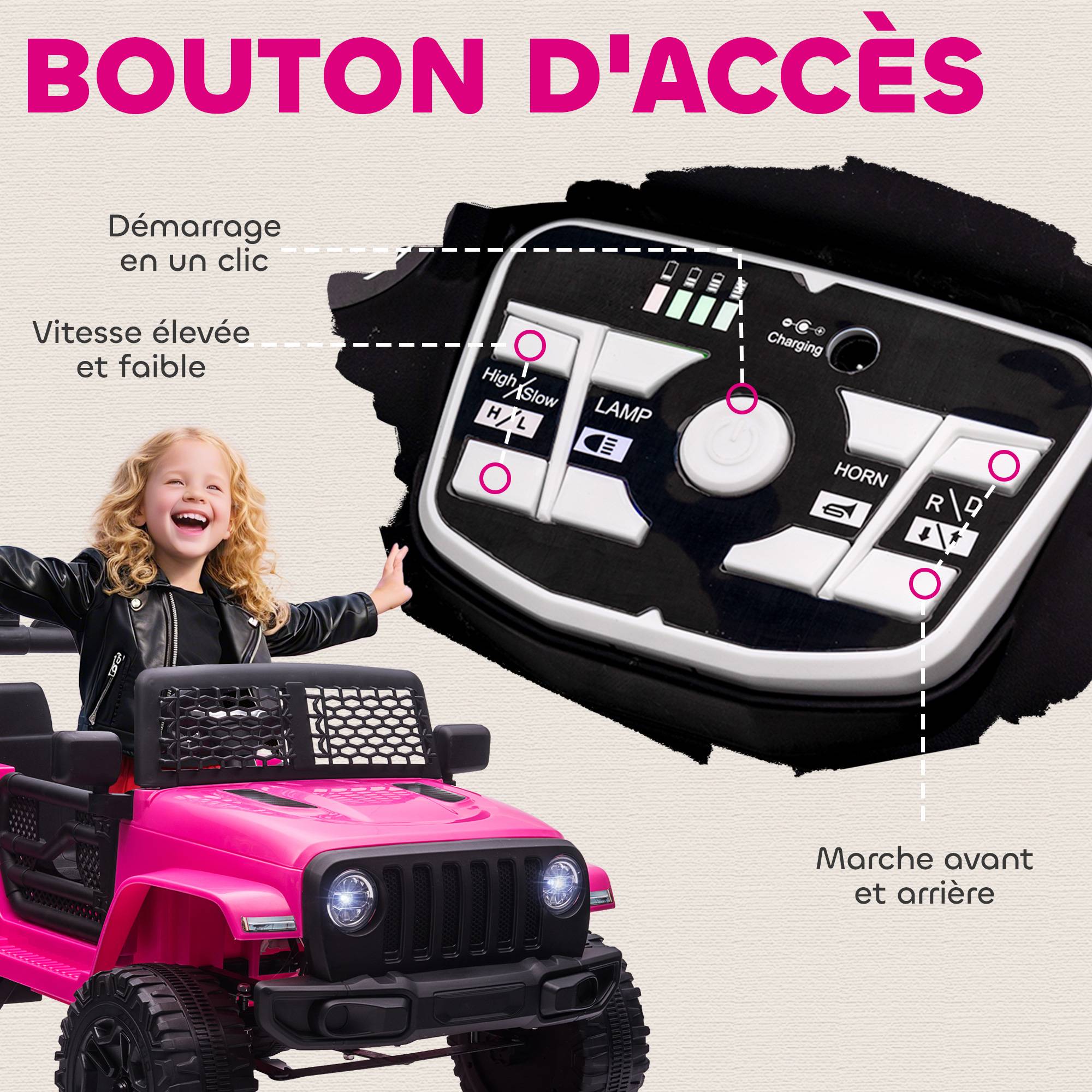 Voiture électrique Enfant Propulsion arrière 12 V 5 Km/h Max. télécommande Effets Lumineux sonores 100x65x72cm Rose - Image 9