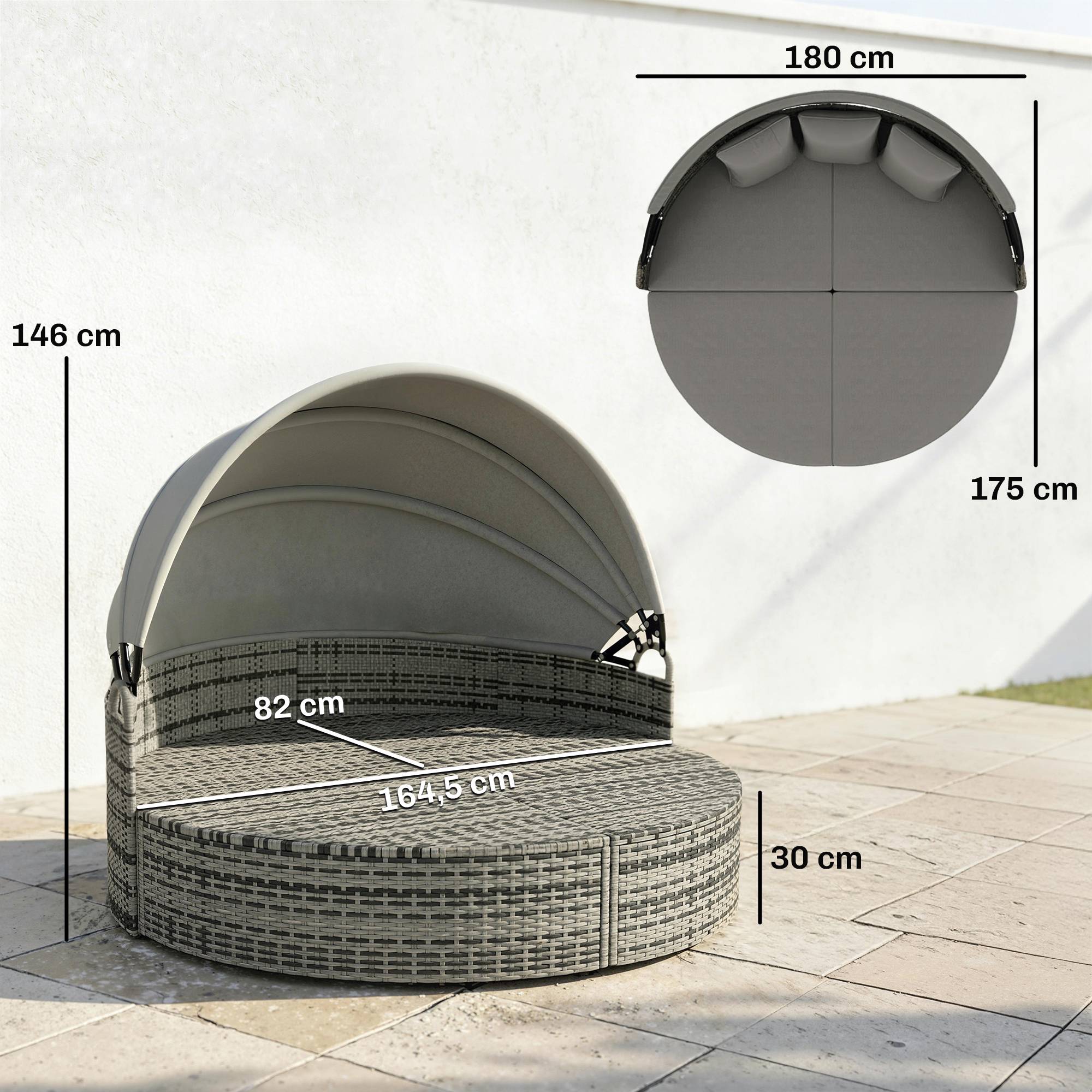 ComfortXL - Bain de soleil rond modulable résine tressée jardin avec auvent rétractable 180cm gris clair - ComfortXL Outdoor Living - Image 5