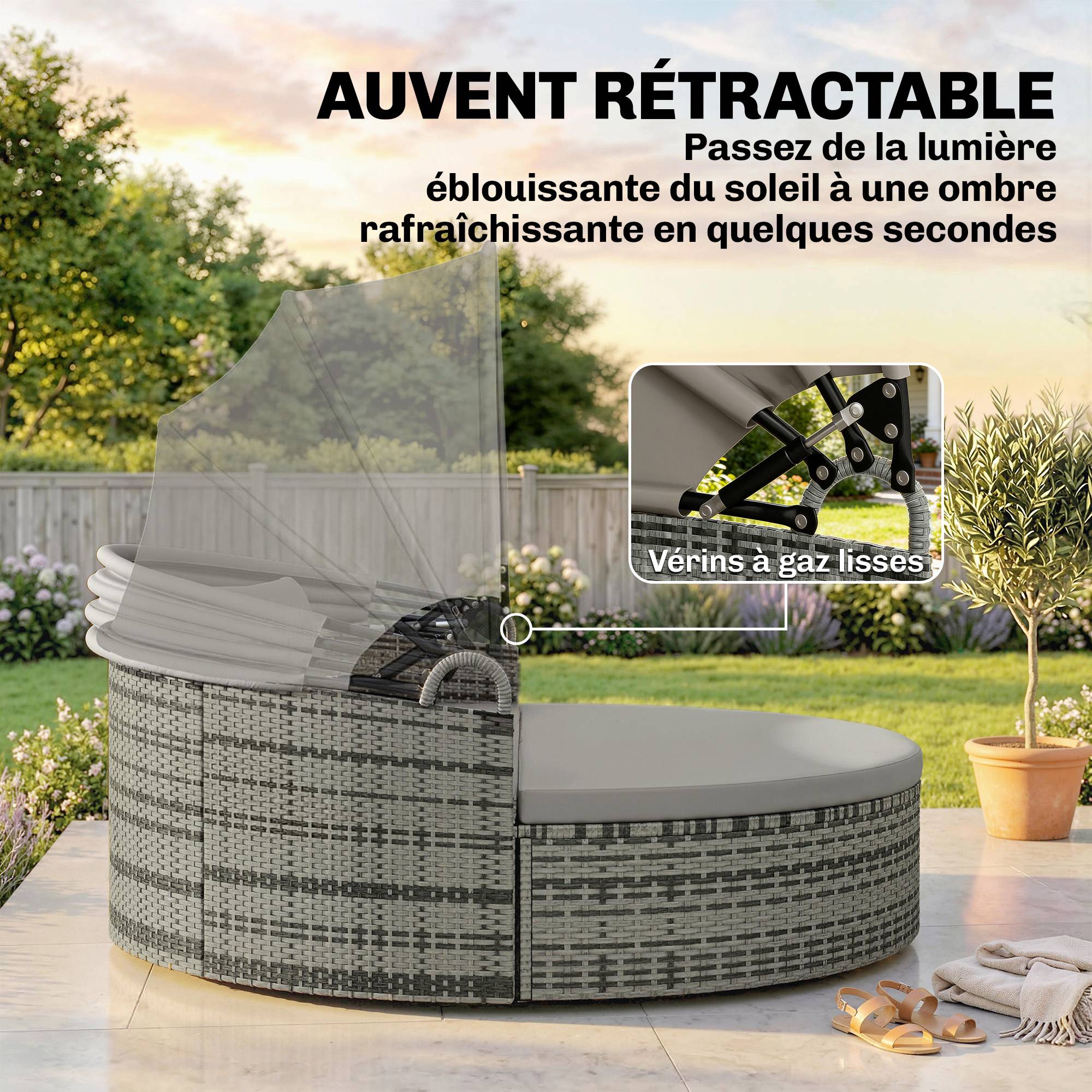 ComfortXL - Bain de soleil rond modulable résine tressée jardin avec auvent rétractable 180cm gris clair - ComfortXL Outdoor Living - Image 6