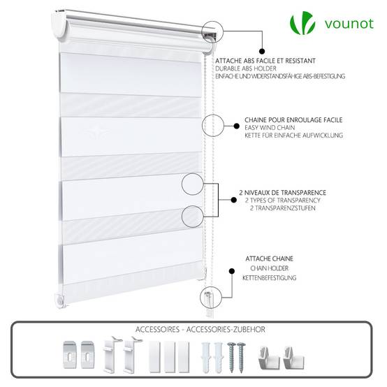 Vounot - Lot de 2 Store enrouleur jour nuit double 90x150cm Blanc - Image 7
