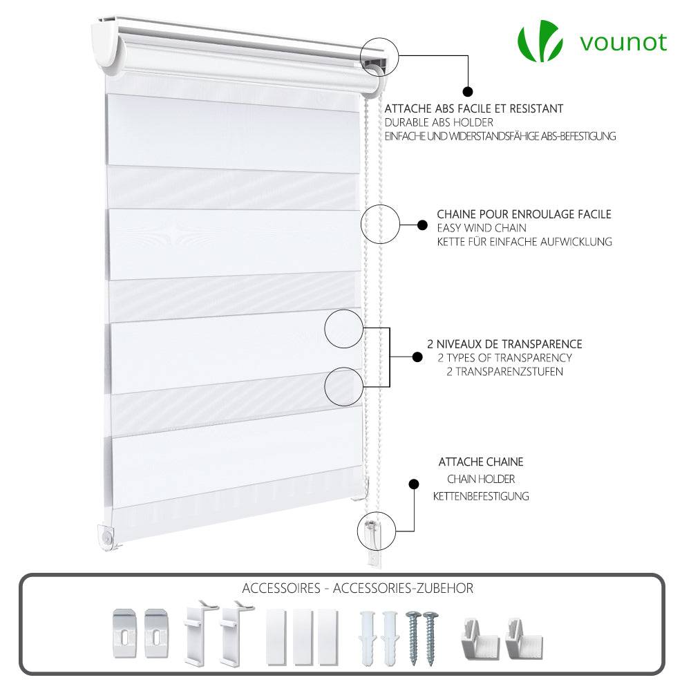 Vounot - Lot de 2 Store enrouleur jour nuit double 90x150cm Blanc - Image 7