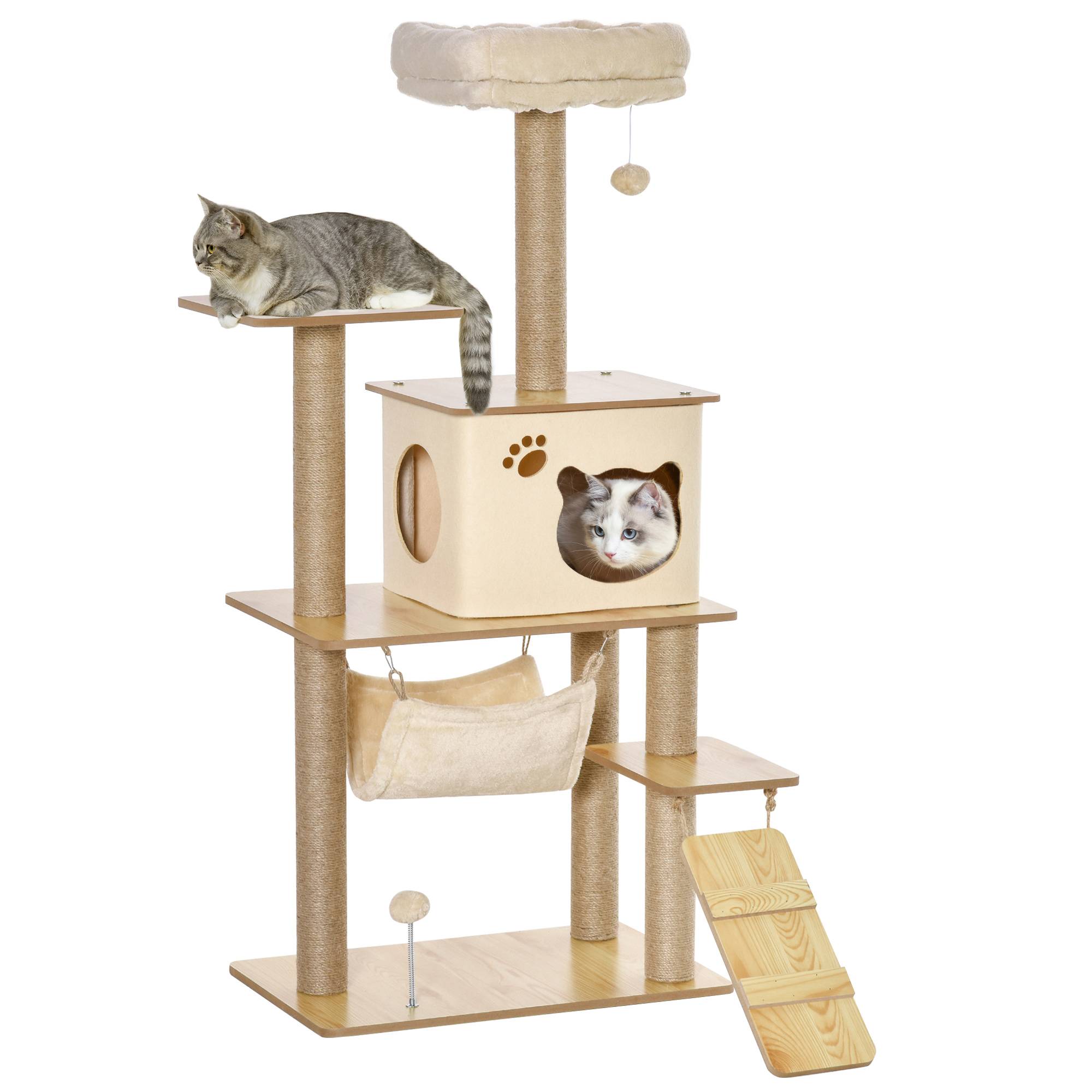 Arbre à chat tour de jeux pour chat, platesformes, niche, lit, hamac, échelle et griffoirs en jute 60x40x130cm jaune