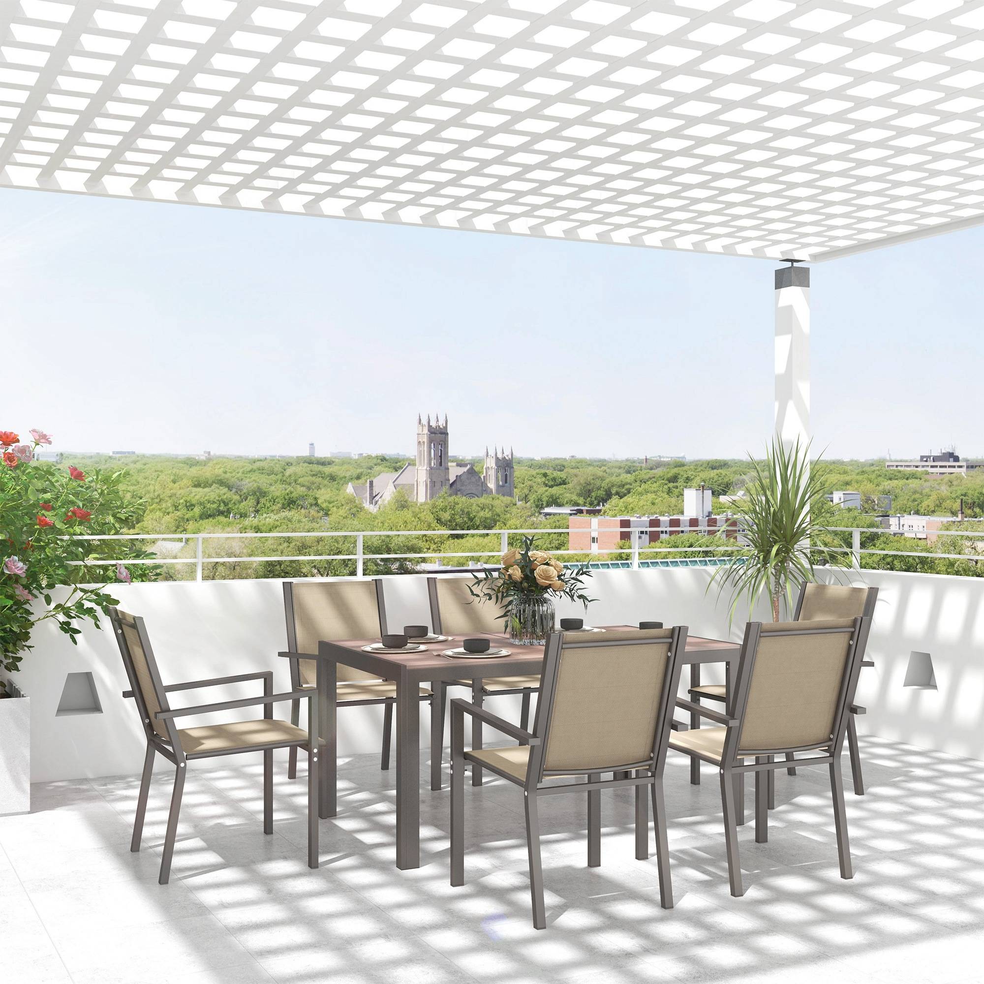 ComfortXL - Ensemble Repas Extérieur 7 Pièces Acier Bois Composite Chaises Empilables Kaki - ComfortXL Outdoor Living - Image 4
