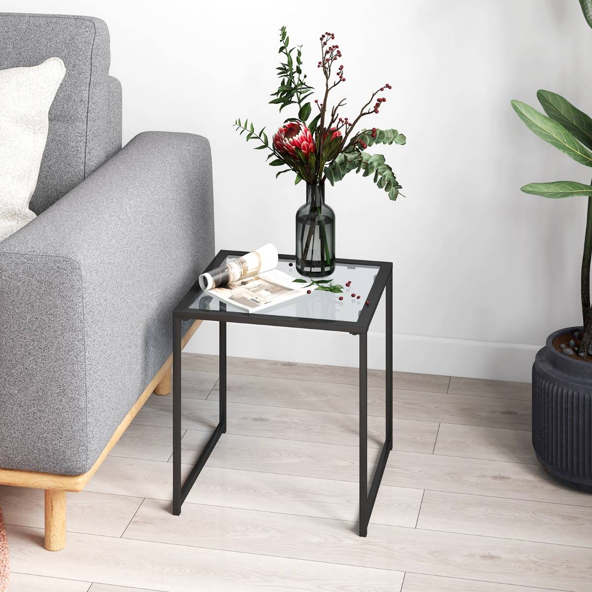 Maison Chic - Table D'appoint Carrée D'extérieur de 43 Cm en Verre Trempé Cadre en Métal Petite Table Basse pour Salon Porche Terrasse Jardin Noir - Image 3