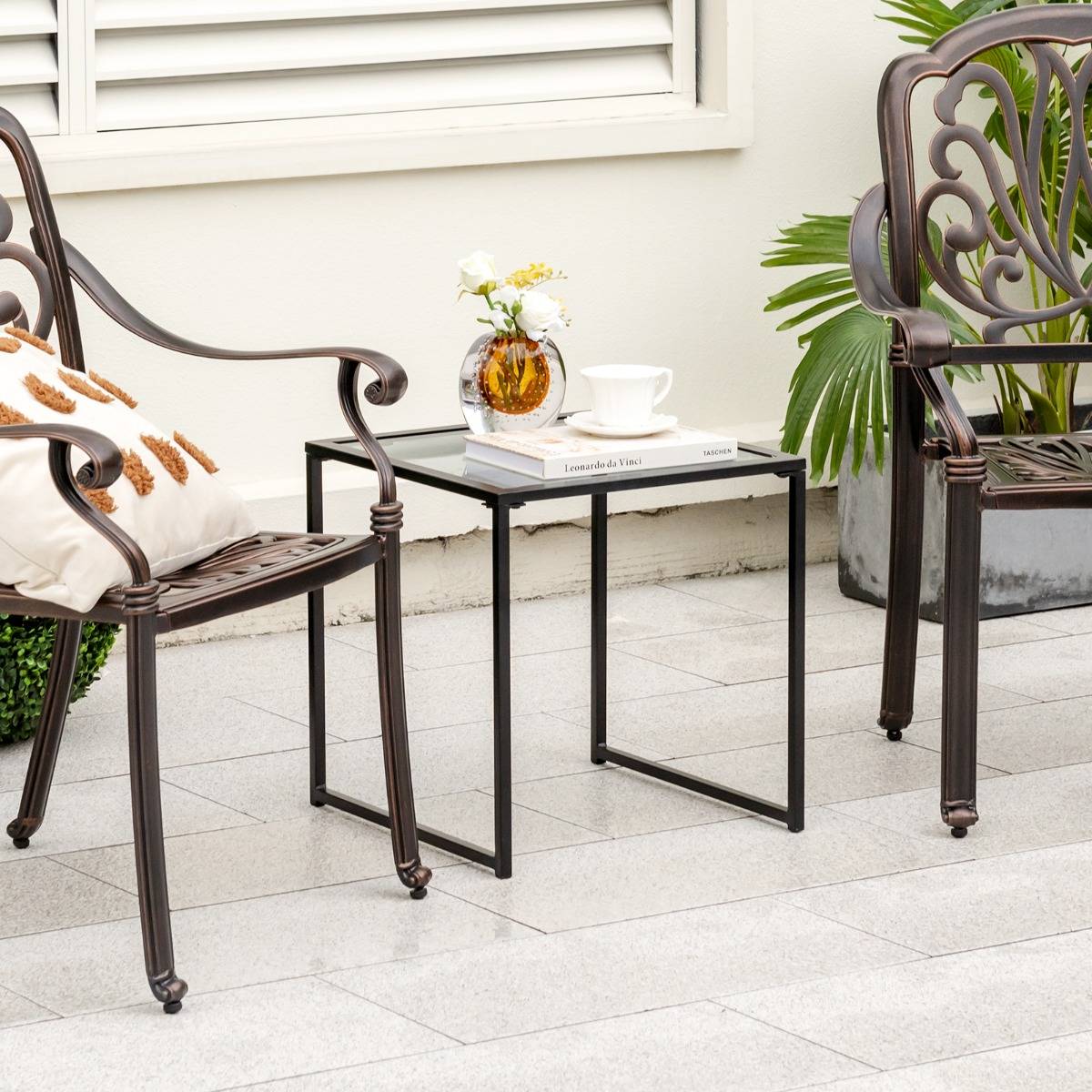 Maison Chic - Table D'appoint Carrée D'extérieur de 43 Cm en Verre Trempé Cadre en Métal Petite Table Basse pour Salon Porche Terrasse Jardin Noir - Image 2