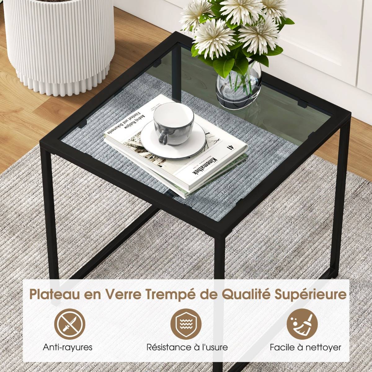 Maison Chic - Table D'appoint Carrée D'extérieur de 43 Cm en Verre Trempé Cadre en Métal Petite Table Basse pour Salon Porche Terrasse Jardin Noir - Image 8