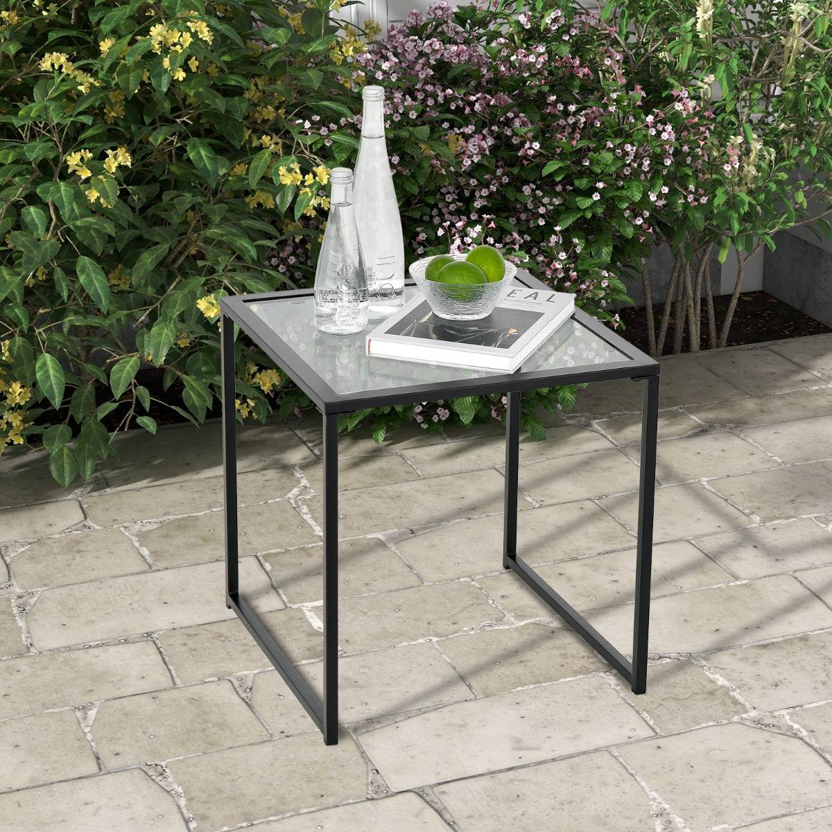 Maison Chic - Table D'appoint Carrée D'extérieur de 43 Cm en Verre Trempé Cadre en Métal Petite Table Basse pour Salon Porche Terrasse Jardin Noir - Image 5