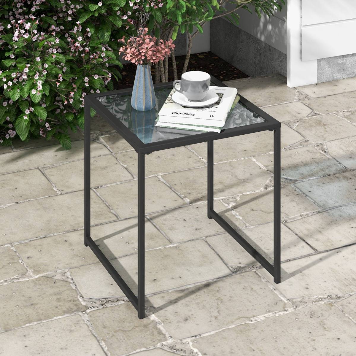 Maison Chic - Table D'appoint Carrée D'extérieur de 43 Cm en Verre Trempé Cadre en Métal Petite Table Basse pour Salon Porche Terrasse Jardin Noir - Image 6
