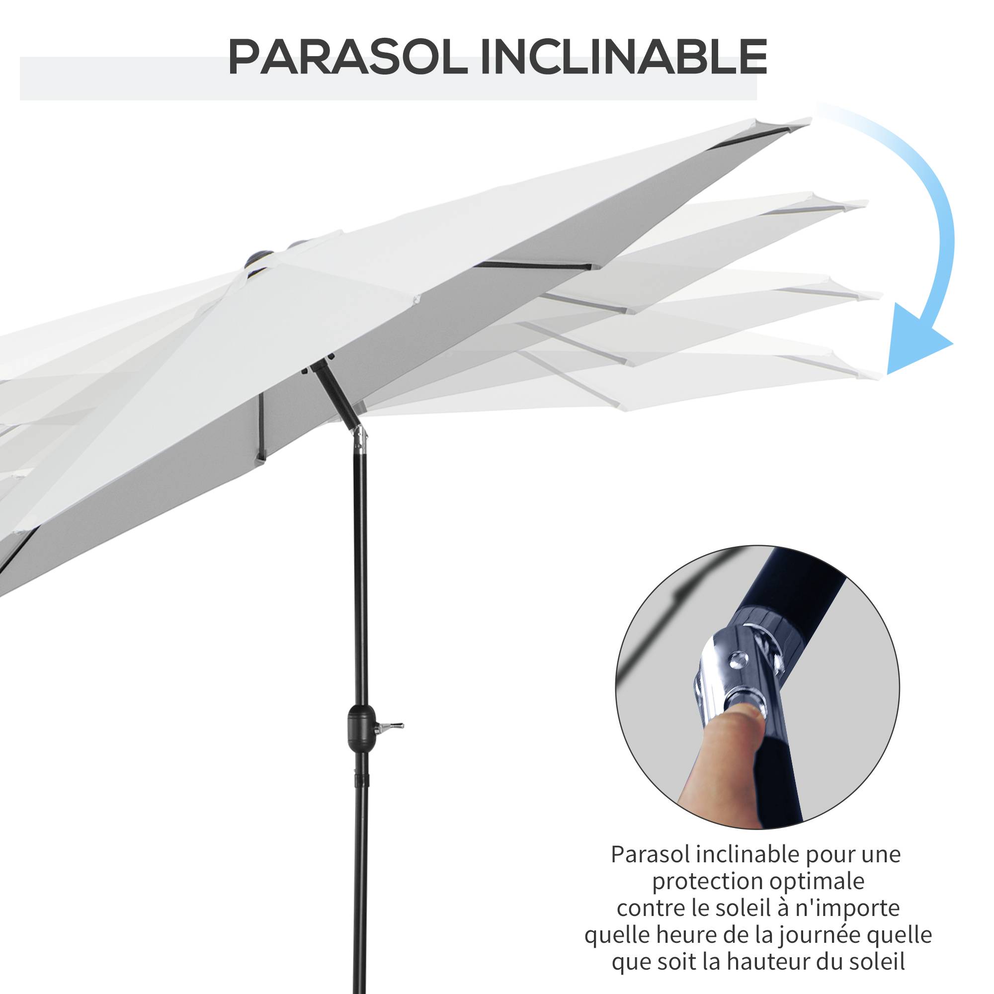 Parasol de jardin extérieur Parasol droit inclinable Ø 3 m - Polyester 180g/m² Métal Blanc fr147 - Image 6