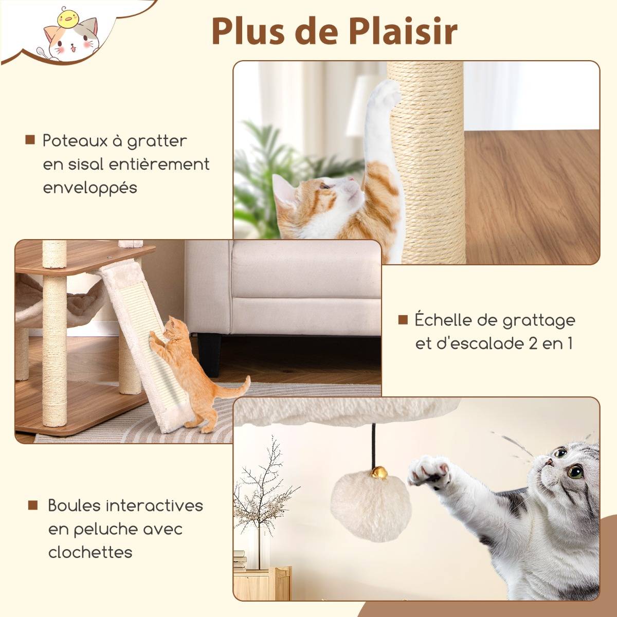 Arbre à Chat de 168CM avec 3 Plateformes Rembourrées Condo Poteaux à Griffer en Sisal Échelle - Image 7