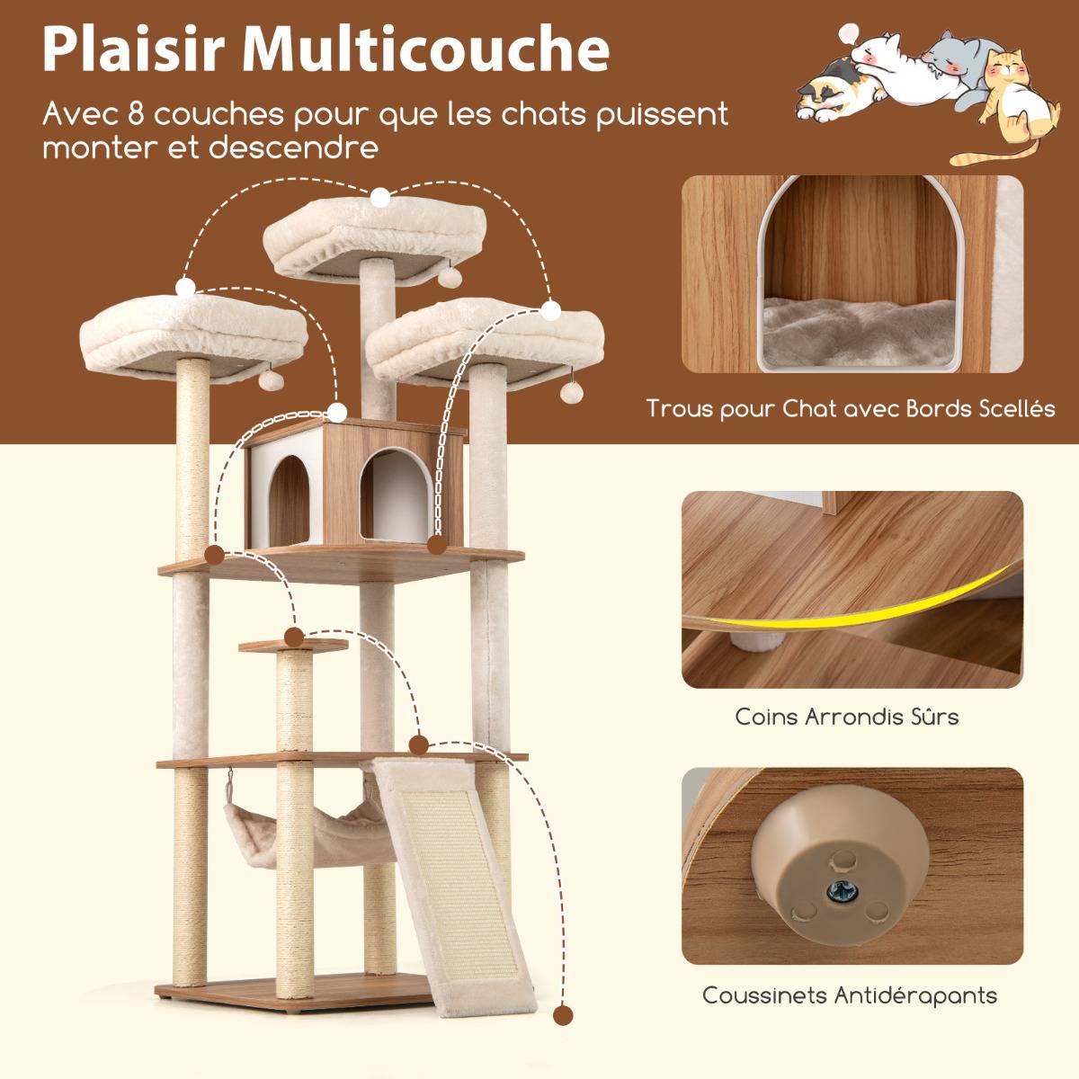 Arbre à Chat de 168CM avec 3 Plateformes Rembourrées Condo Poteaux à Griffer en Sisal Échelle - Image 4