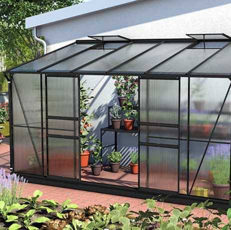 Vitavia - Serre adossée IDA 7800 - 7,8 m² en polycarbonate avec porte coulissante & lucarnes, Couleur Vert, Polycarbonate 6 mm - Image 5