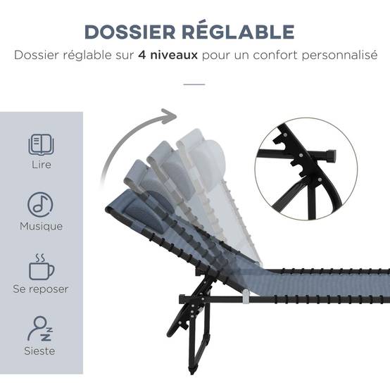 Sans Marque - Bain de Soleil transat Pliable Dossier inclinable Multi-Positions Acier thermoplastique Lacets élastiques Noir - Image 5