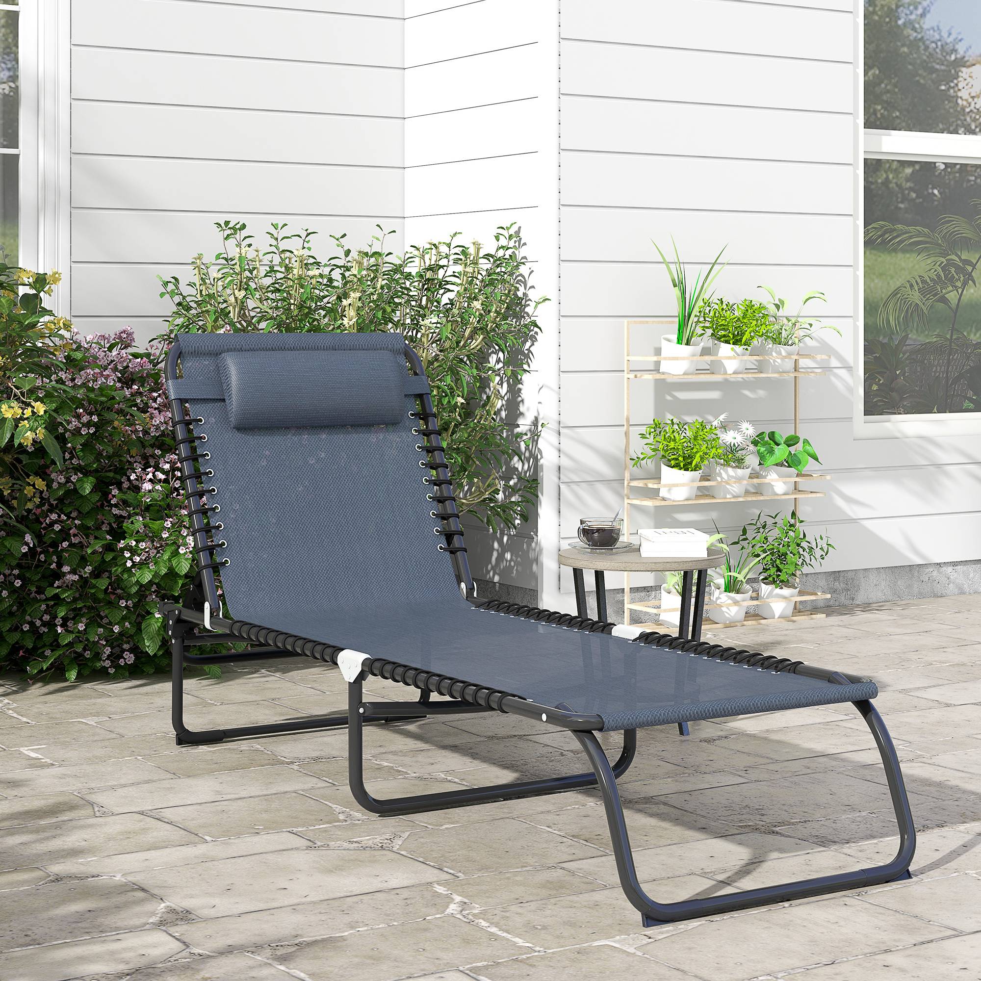 Sans Marque - Bain de Soleil transat Pliable Dossier inclinable Multi-Positions Acier thermoplastique Lacets élastiques Noir - Image 2