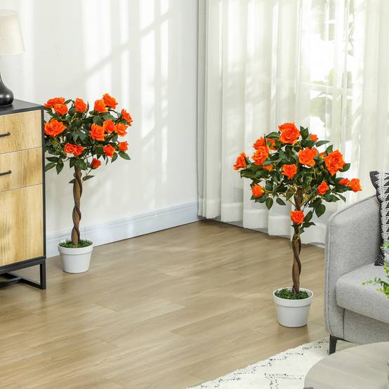 Rose artificielle 21 fleurs, pot ciment/mousse, Ø18x90cm, orange - Image 3