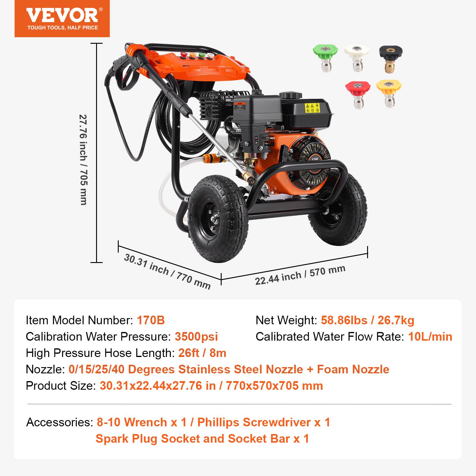 VEVOR Nettoyeur Haute Pression Essence 3500 PSI 10 L/min, Pompe Aluminium, 5 Buses, pour Voitures. - Image 7