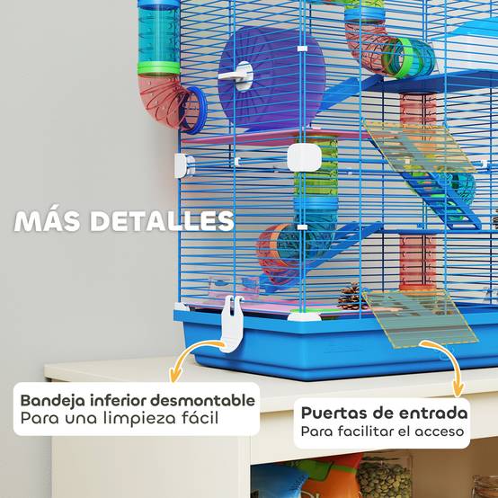 Cage pour hamster avec tunnel, plateformes, gamelle, abreuvoir, maisonnette, rampes et roue d'exercice 46x30x58 cm Bleu - Image 9