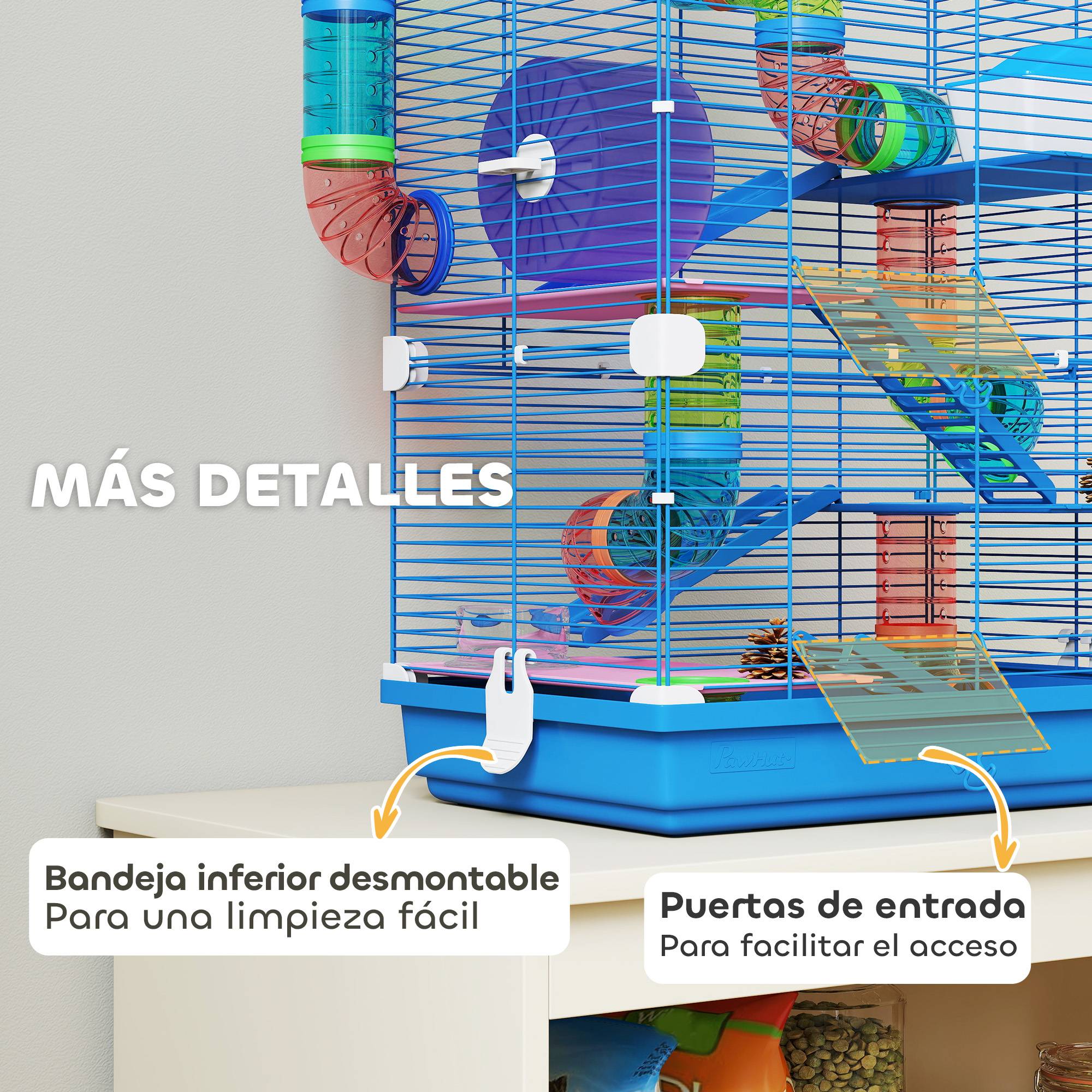 Cage pour hamster avec tunnel, plateformes, gamelle, abreuvoir, maisonnette, rampes et roue d'exercice 46x30x58 cm Bleu - Image 9