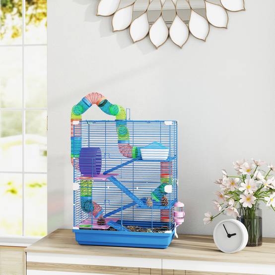 Cage pour hamster avec tunnel, plateformes, gamelle, abreuvoir, maisonnette, rampes et roue d'exercice 46x30x58 cm Bleu - Image 4