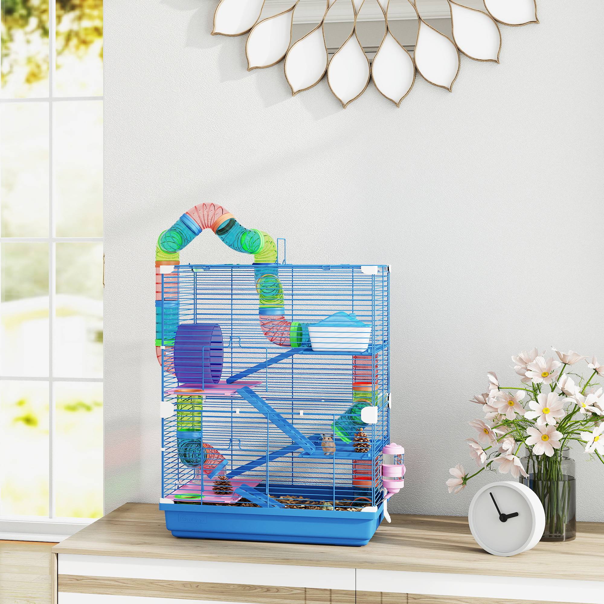Cage pour hamster avec tunnel, plateformes, gamelle, abreuvoir, maisonnette, rampes et roue d'exercice 46x30x58 cm Bleu - Image 4