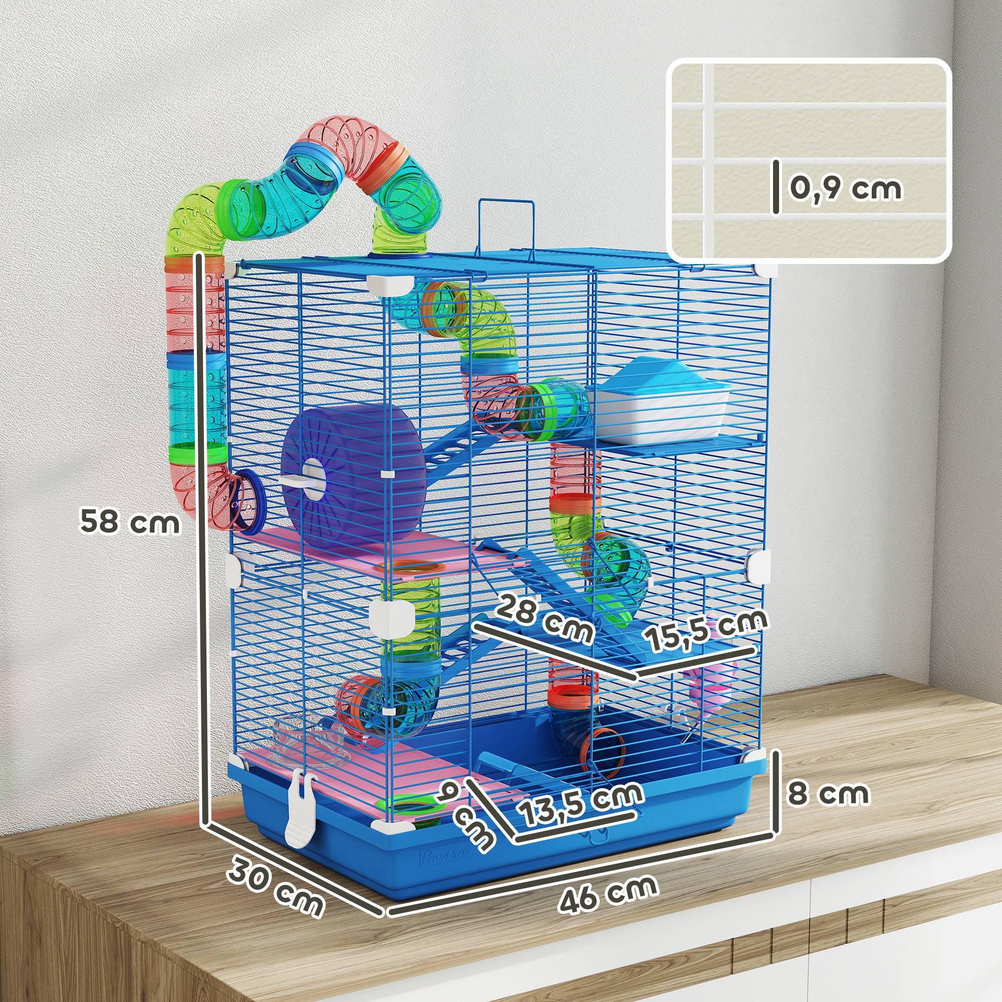 Cage pour hamster avec tunnel, plateformes, gamelle, abreuvoir, maisonnette, rampes et roue d'exercice 46x30x58 cm Bleu - Image 5